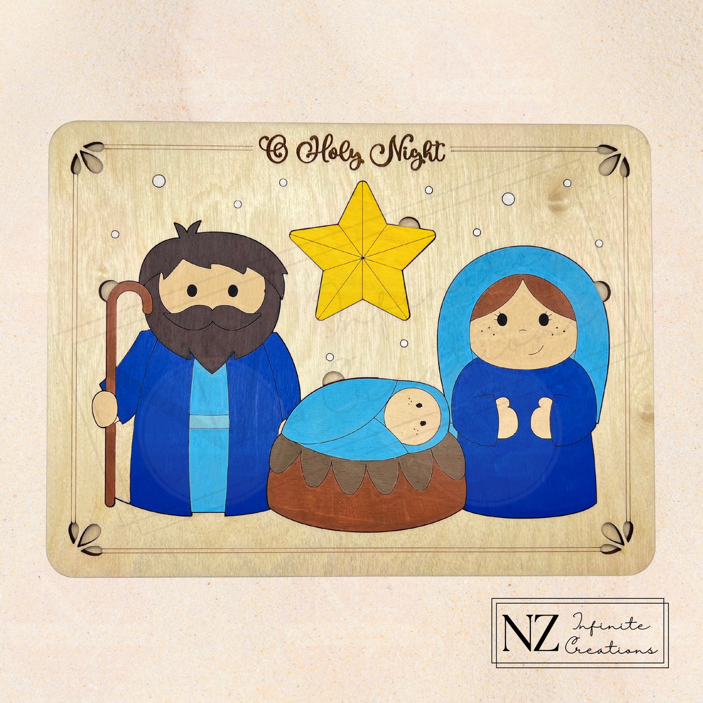 Hand-Painted Wooden Nativity Puzzle - 'O Holy Night' - Baby Jesus, Joseph, and Mary