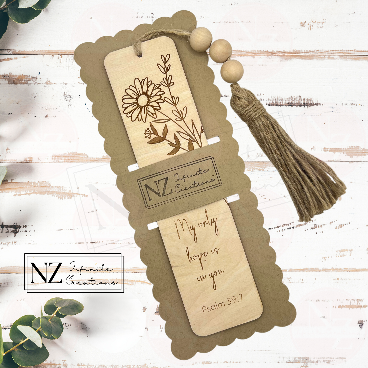 Psalm 39:7 Engraved Wood Bookmark 2"x8" with Beaded Tassel