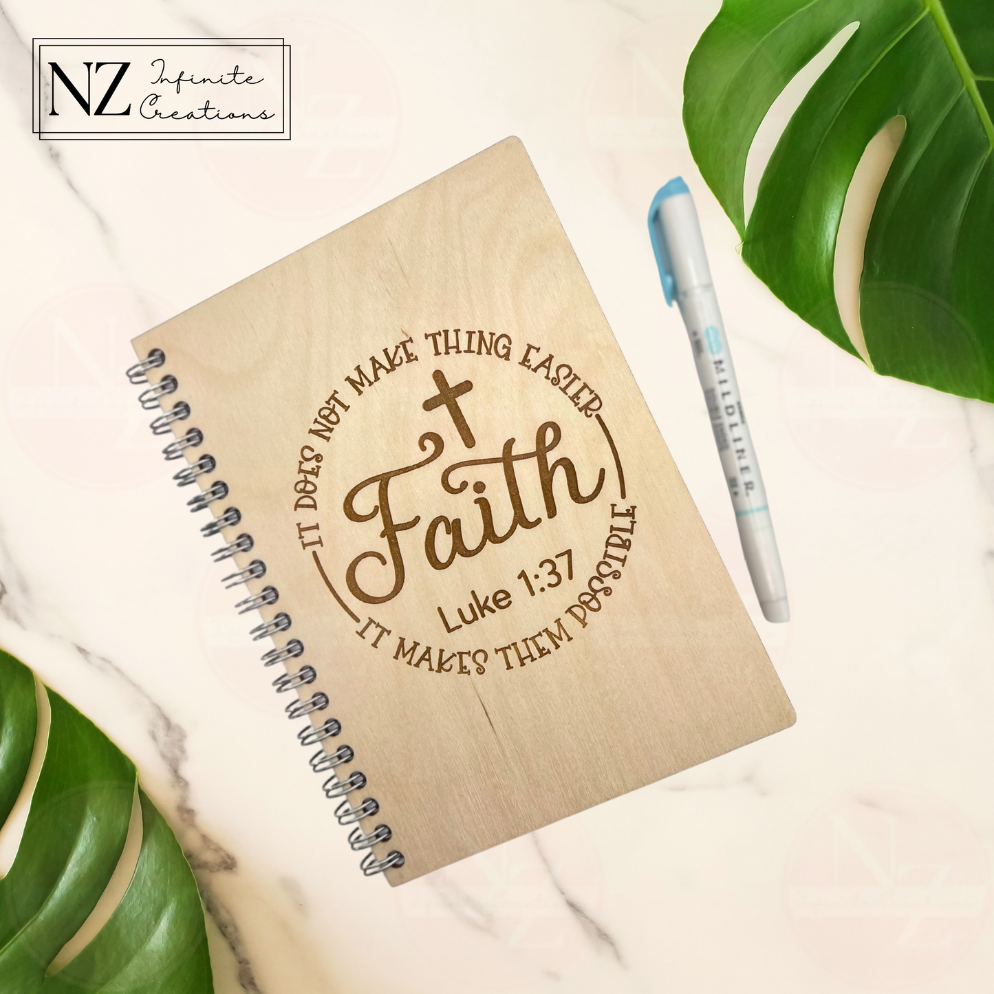 Faith Makes It Possible - Luke 1:37 - Scripture Engraved 5x7 Wooden Notebook