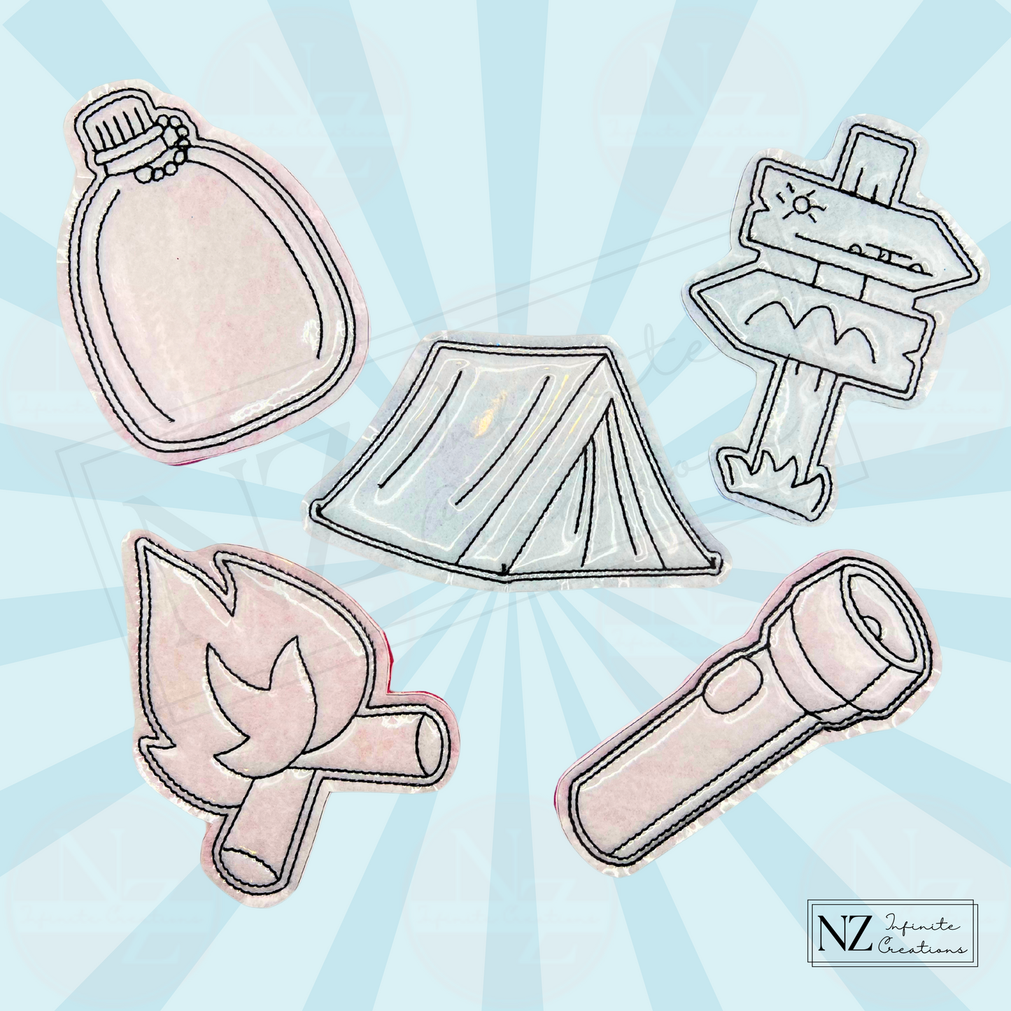 Camping Color & Create Reusable Coloring Set featuring fun camping-themed designs. Includes dry erase markers and reusable fabric characters that can be colored again and again. Perfect for creative play and fun outdoor adventures.