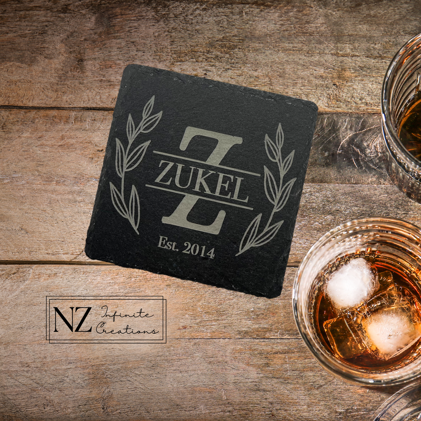 Monogram Black Slate Coasters (Set of 4) - Personalized Family Name Initial Coasters with Established Year