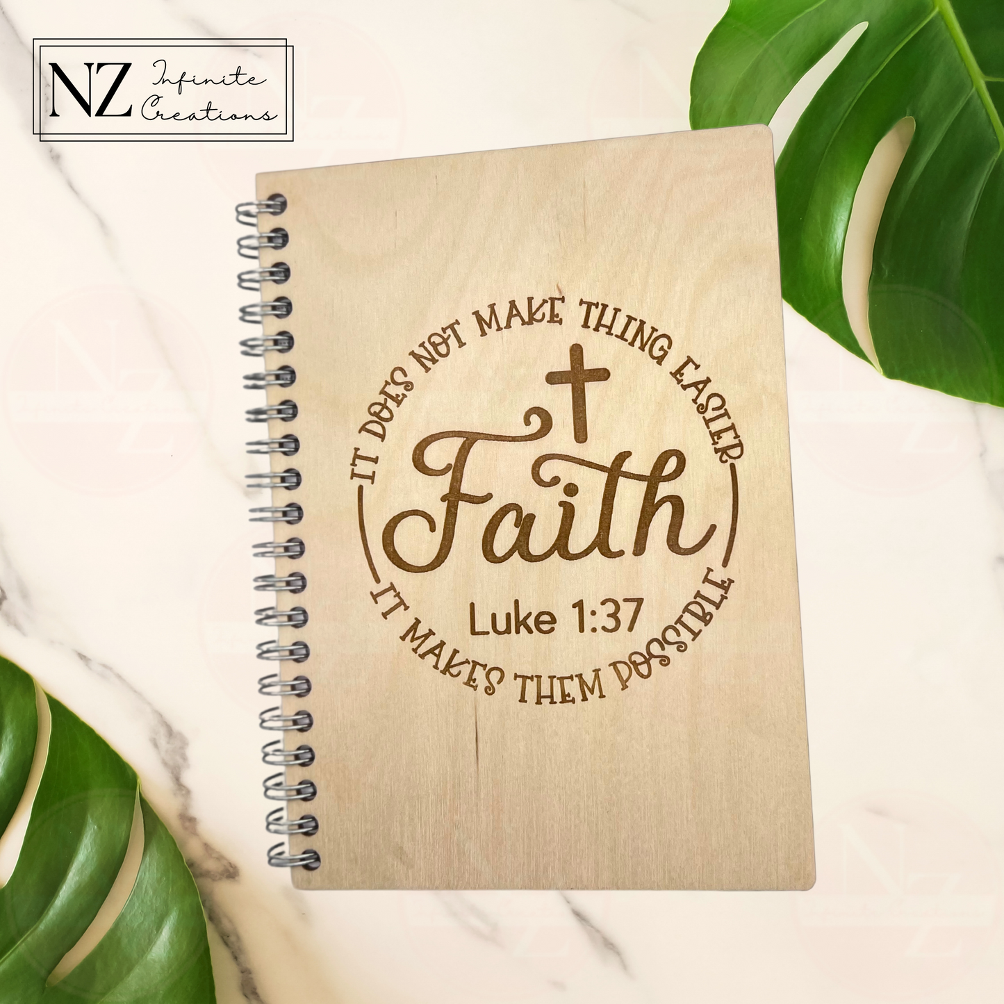 Faith Makes It Possible - Luke 1:37 - Scripture Engraved 5x7 Wooden Notebook