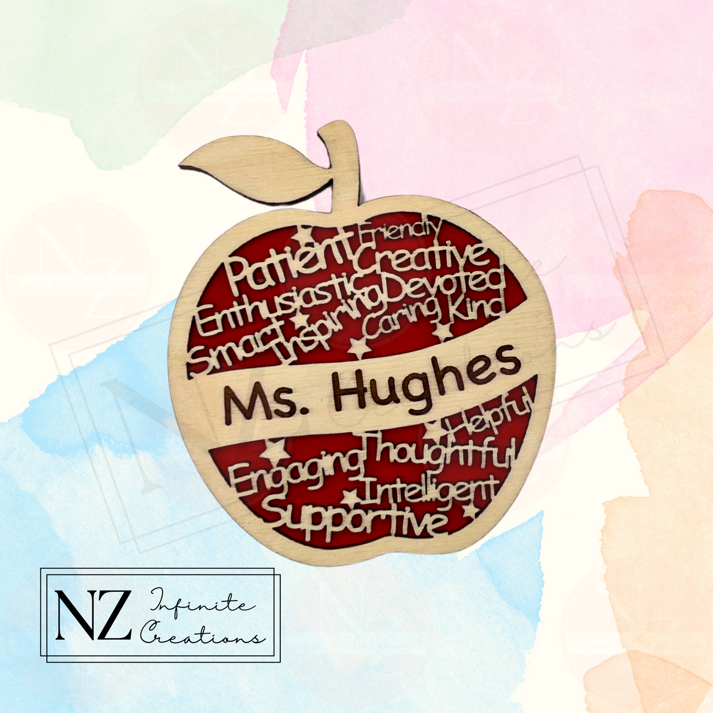 Apple-shaped Teacher Appreciation Magnet featuring 'Teacher's Name' and affirmations. A personalized and meaningful gift, perfect for celebrating teachers and highlighting their positive impact with an uplifting message.
