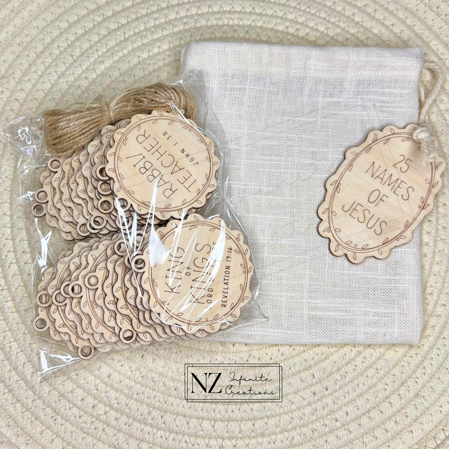 25 Names of Jesus Ornament Set made from natural wood, featuring laser-engraved names of Jesus. Includes twine for hanging. A meaningful and faith-inspired addition to your Christmas decorations or a special gift to share the spirit of the season.