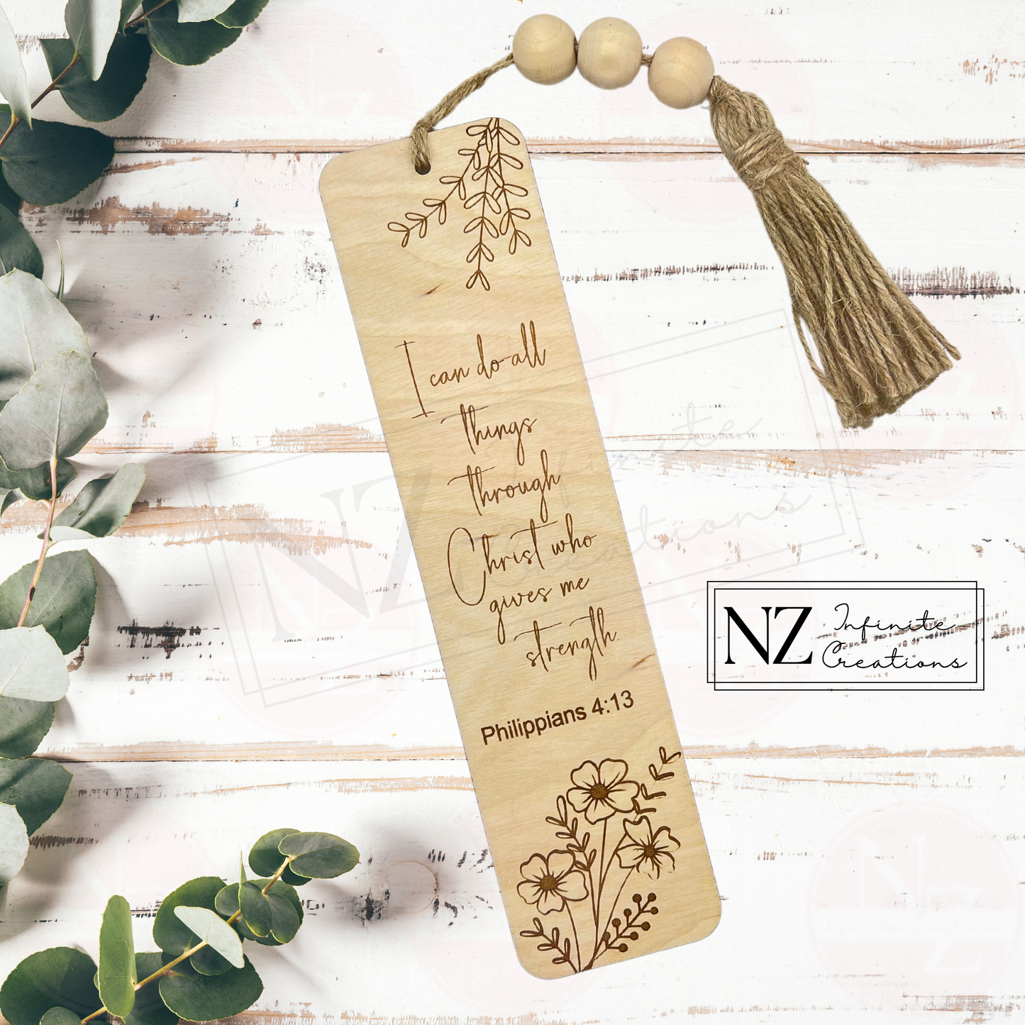 Philippians 4:13 Engraved Wood Bookmark 2"x8" with Beaded Tassel
