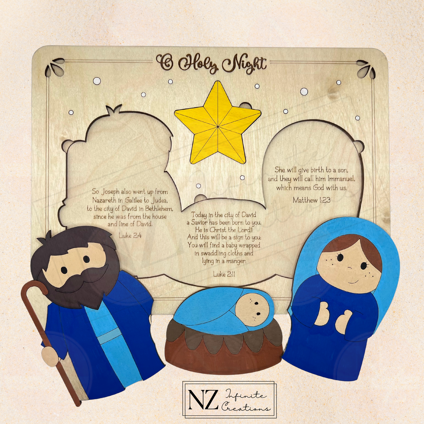 Hand-Painted Wooden Nativity Puzzle - 'O Holy Night' - Baby Jesus, Joseph, and Mary