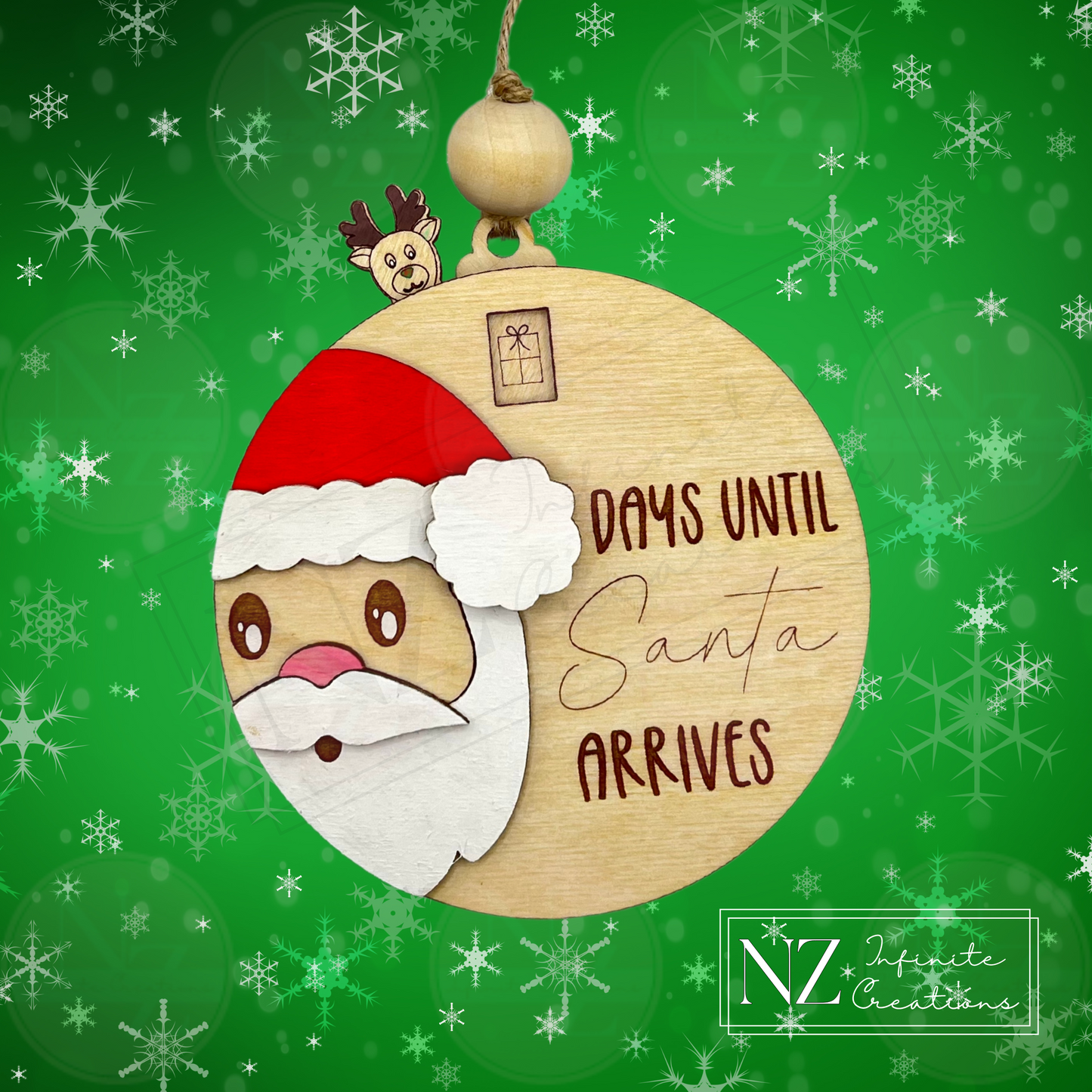 Days Until Santa Arrives Interactive Ornament featuring a fun countdown design. Made from wood with a movable piece to track the days until Christmas, this ornament adds excitement and a personal touch to your holiday decor.