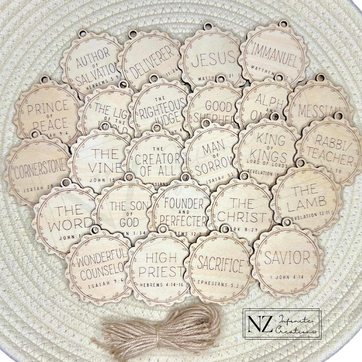 25 Names of Jesus Ornament Set, featuring wooden ornaments beautifully laser-engraved with names of Jesus. Made from birch wood, each ornament includes a twine for easy hanging. A meaningful addition to Christmas decor, perfect for celebrating the season.