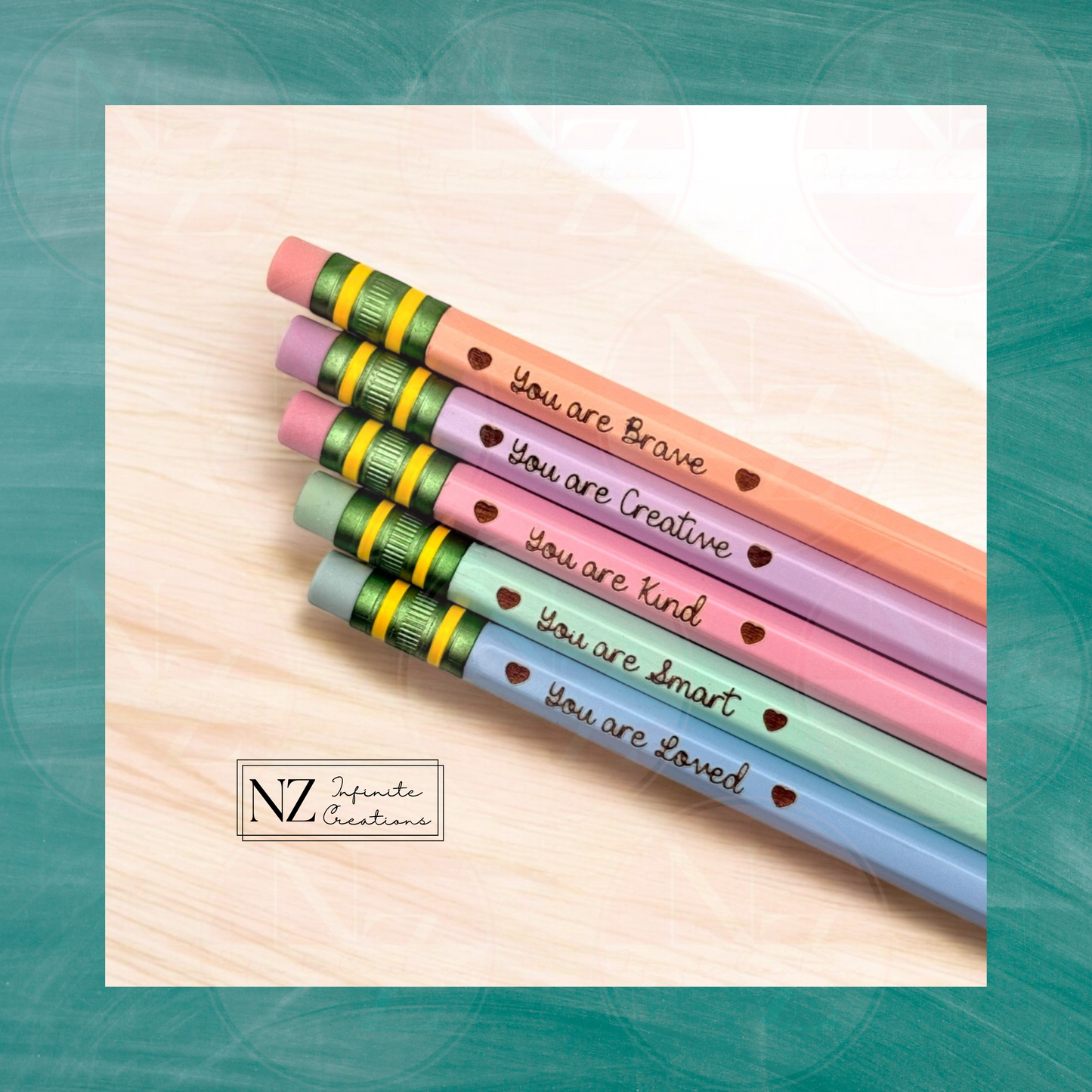 Affirmation Pencils – Set of 5 Engraved Pencils for Students and Teachers – Back to School – You Are Loved, Smart, Brave, Kind, Creative