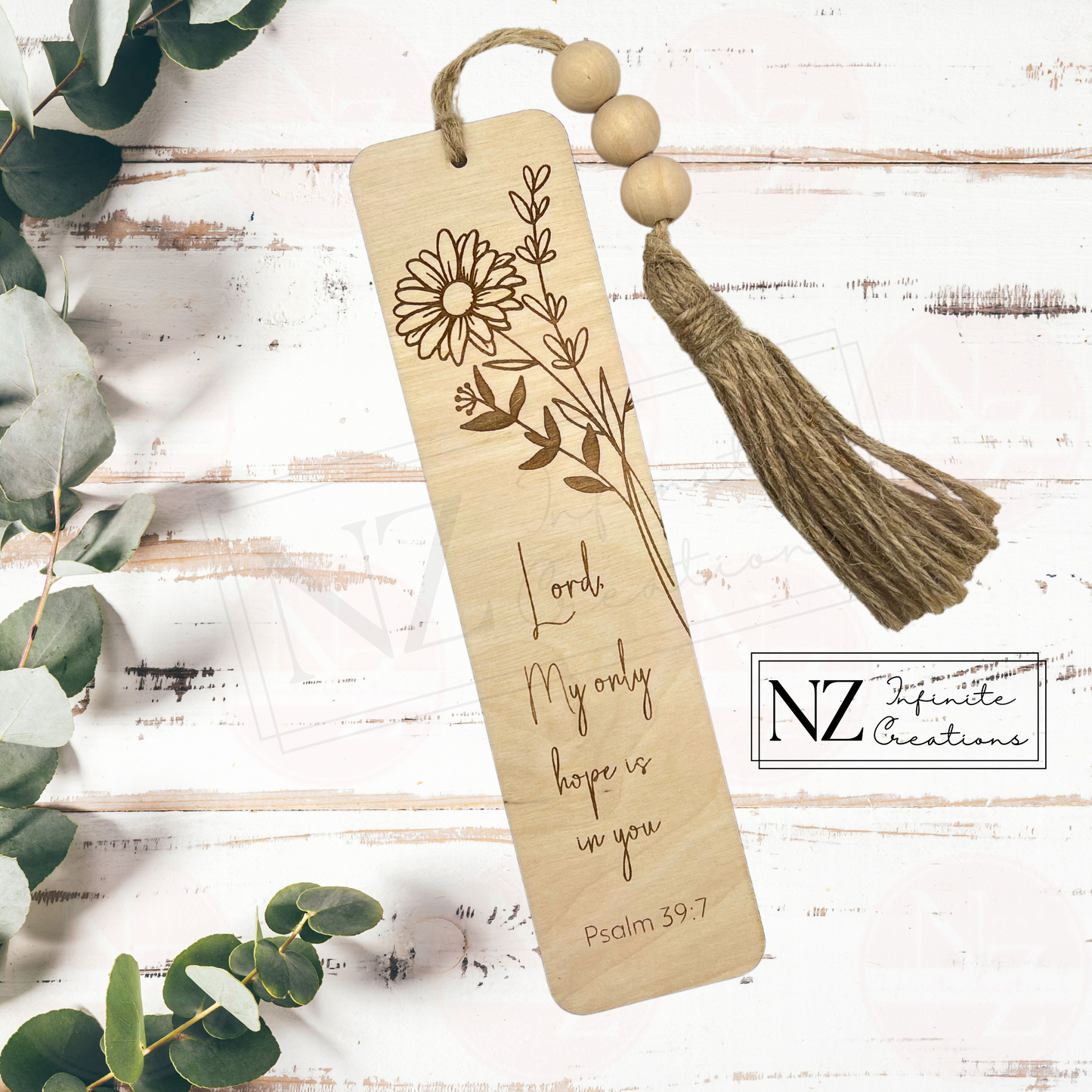 Psalm 39:7 Engraved Wood Bookmark 2"x8" with Beaded Tassel