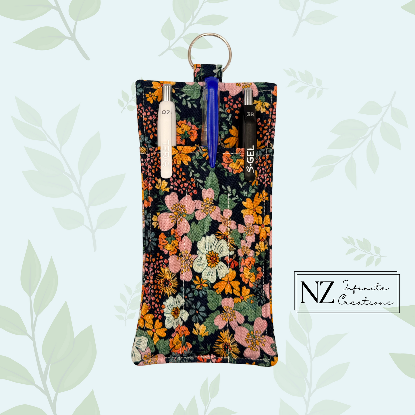 Lanyard Pen & Eyeglass Holder – Midnight Bloom Fabric | Handmade Cotton | Front Pen & Back Glasses Pocket | Teacher Gift