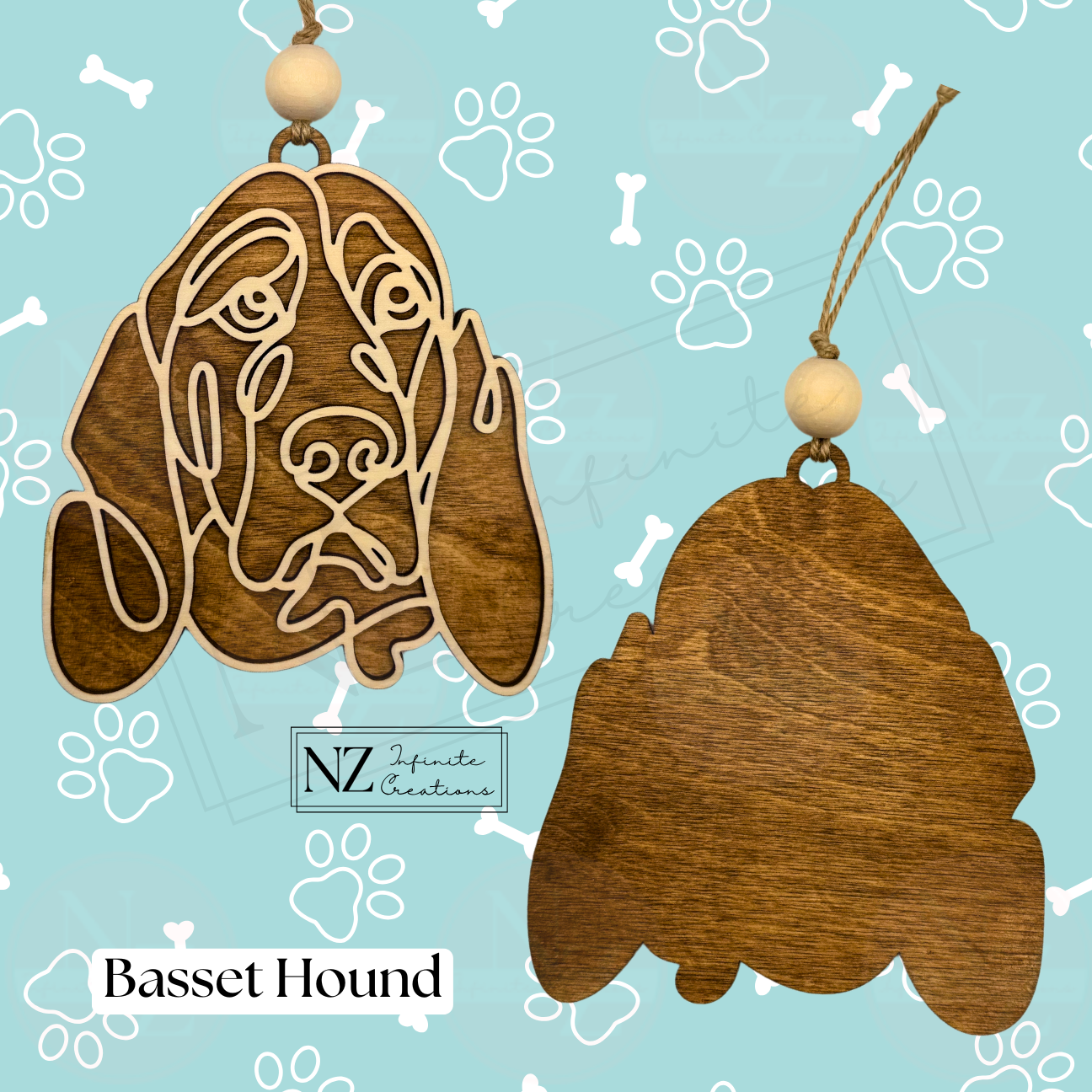 Basset Hound Line Art Ornament crafted from wood with a detailed laser-engraved design. Comes with twine and a wooden bead for hanging. Perfect for holiday decor or as a heartfelt gift for Basset Hound lovers.