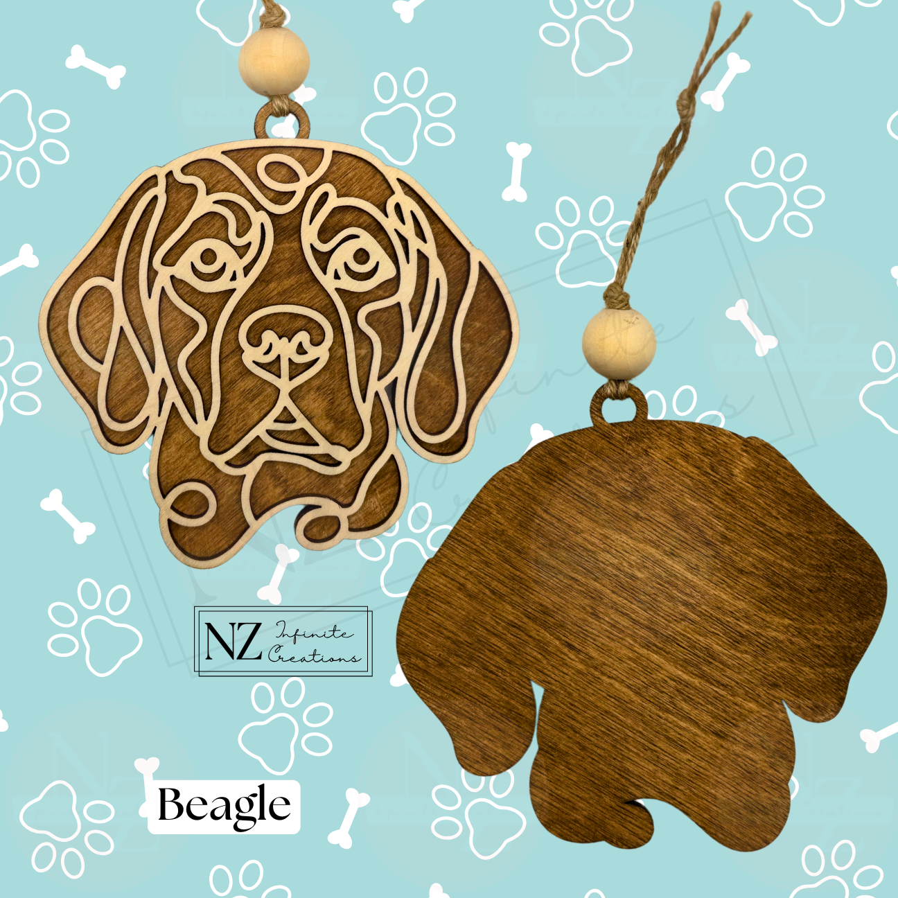 Beagle Line Art Ornament crafted from wood with a sleek laser-engraved design. Includes twine and a wooden bead for easy hanging. A perfect gift for Beagle lovers and a lovely touch for holiday decor.