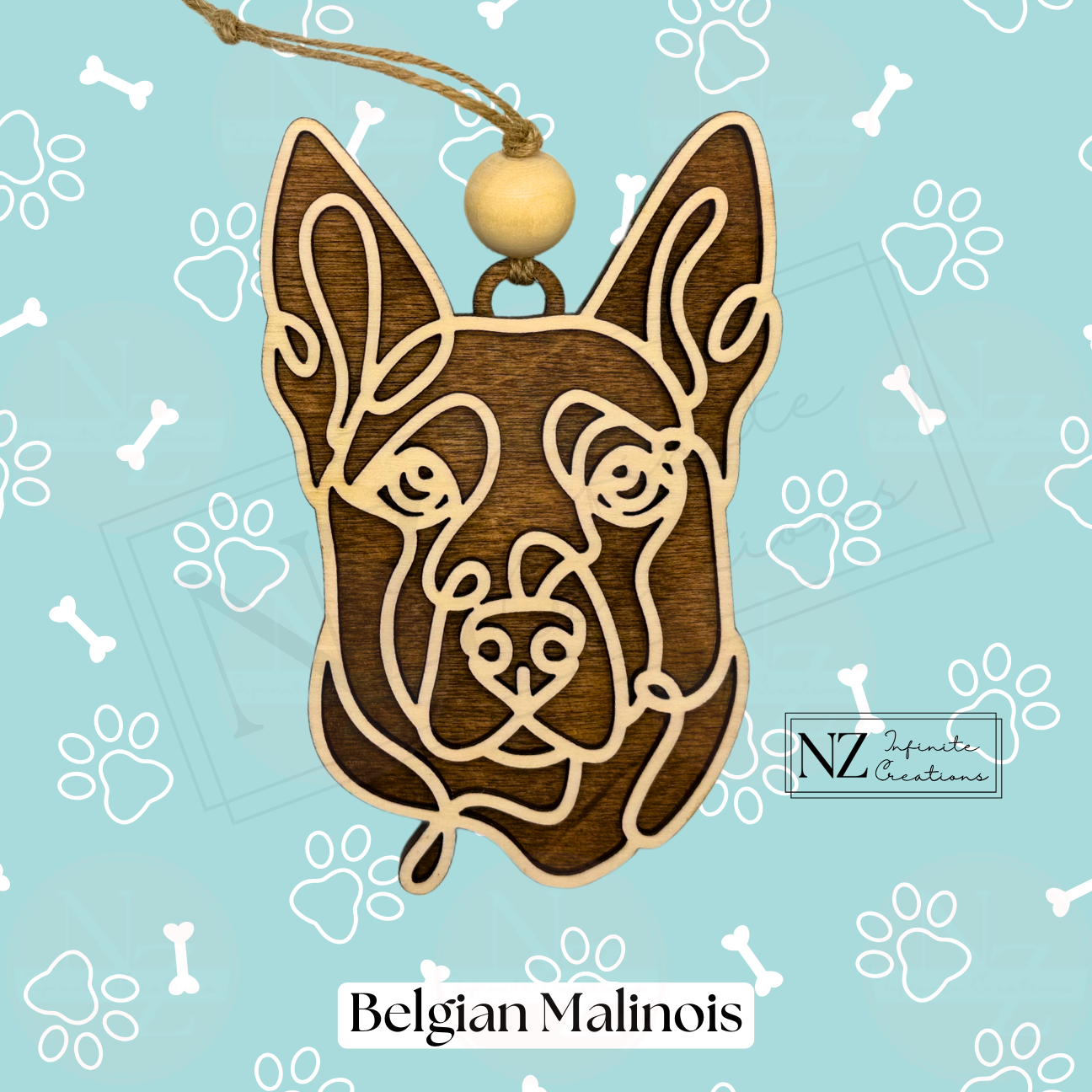 Belgian Malinois Line Art Ornament made from wood with a laser-engraved design. Includes twine and a wooden bead for hanging. A perfect addition to holiday decor and a great gift for Belgian Malinois lovers.