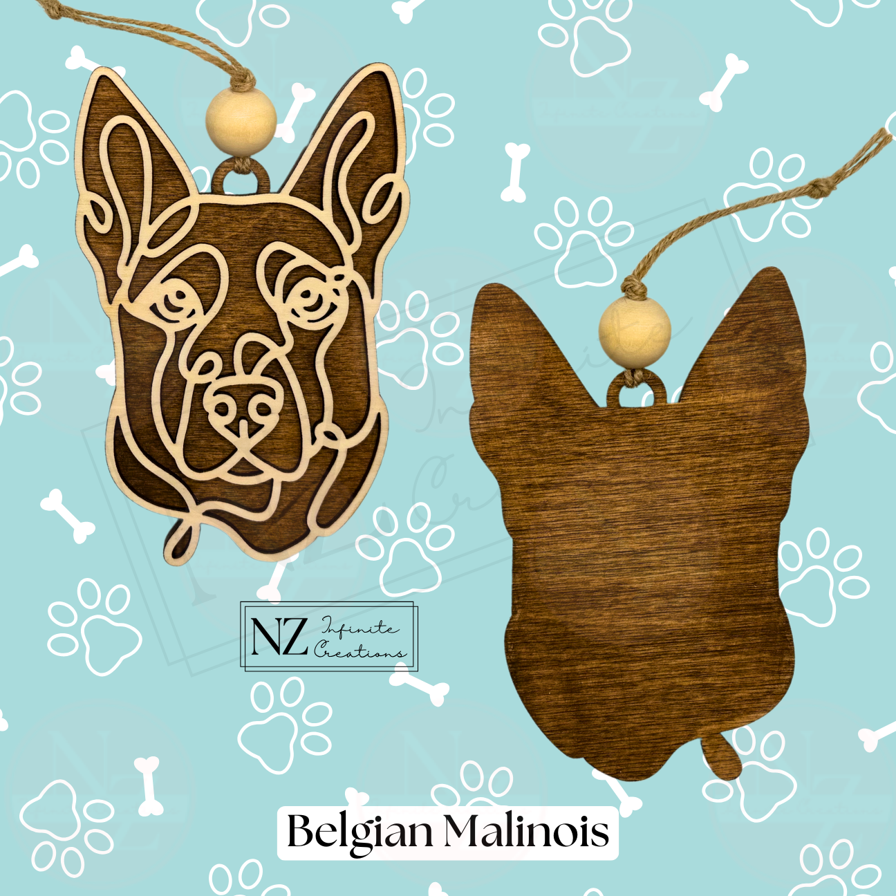 Belgian Malinois Line Art Ornament crafted from wood with a sleek laser-engraved design. Comes with twine and a wooden bead for easy hanging. A wonderful gift for Belgian Malinois enthusiasts and a lovely addition to holiday decorations.