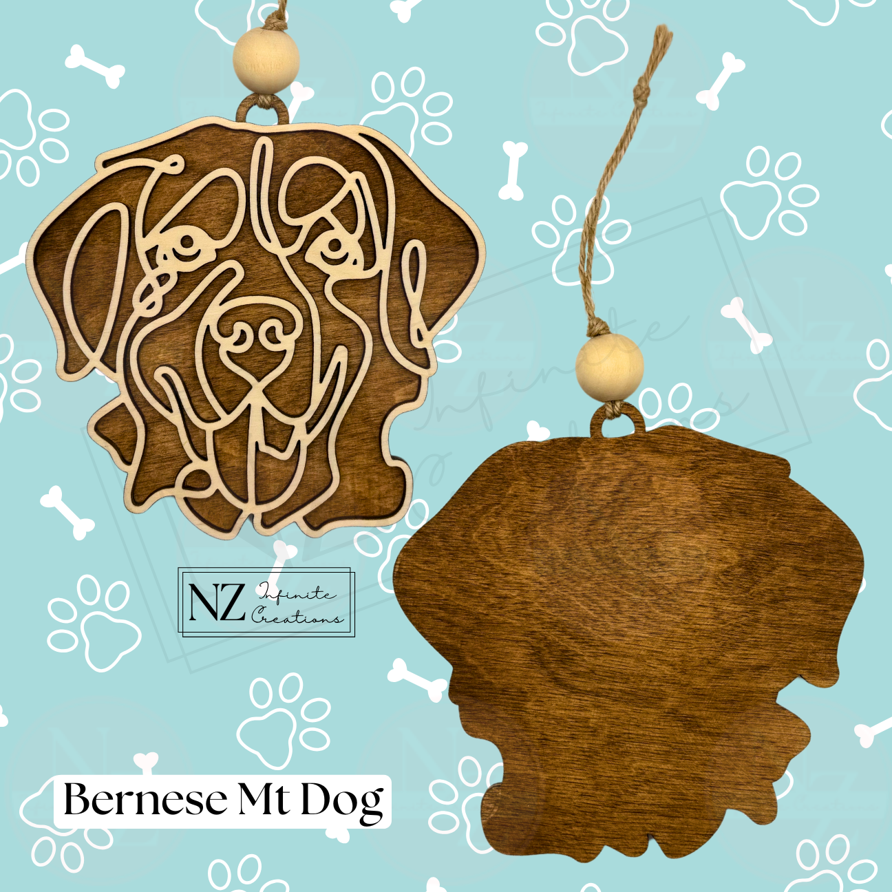 Bernese Mountain Dog Line Art Ornament crafted from wood with a sleek laser-engraved design. Comes with twine and a wooden bead for easy hanging. A wonderful gift for Bernese Mountain Dog enthusiasts and a lovely addition to your holiday decor.