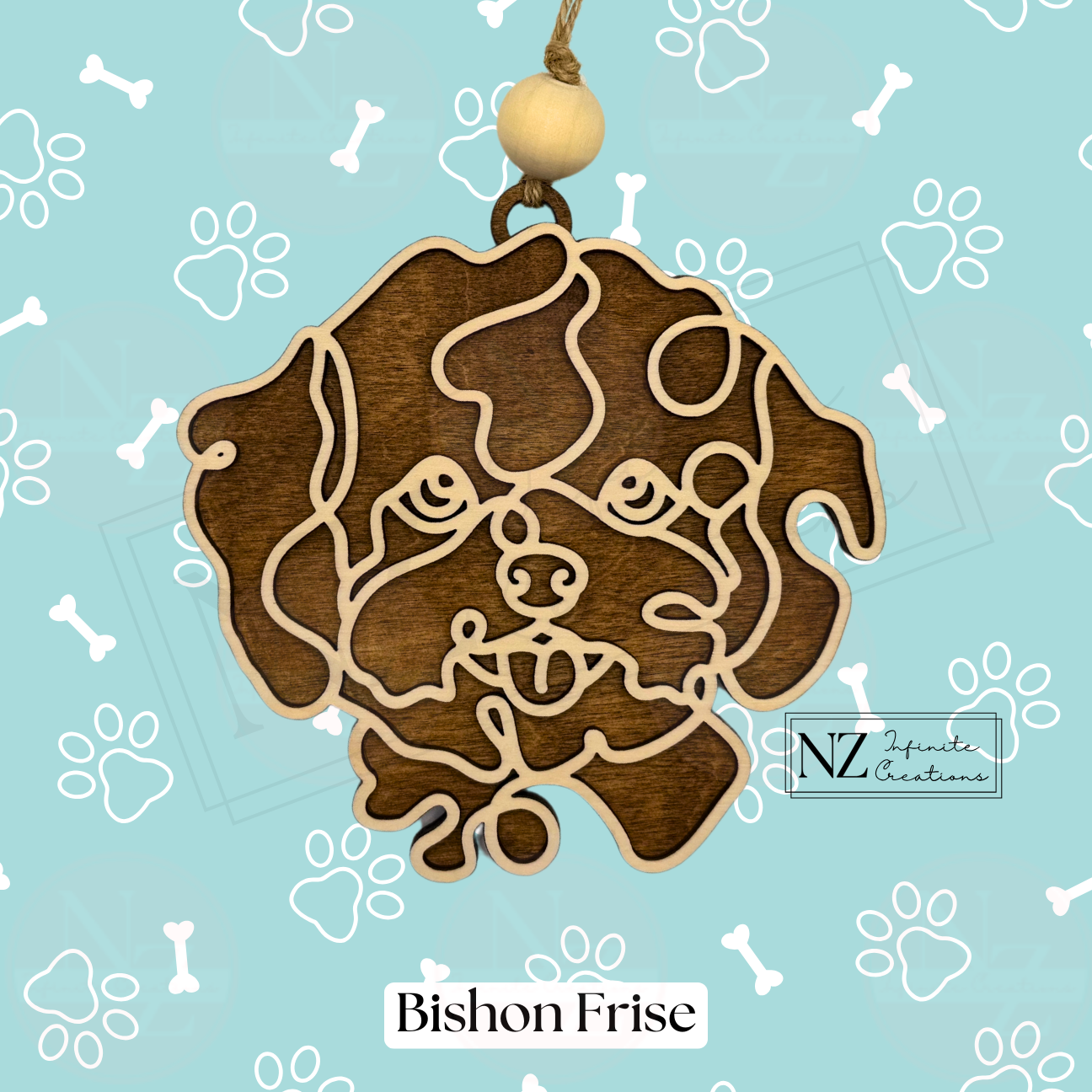 Bichon Frise Line Art Ornament made from wood with a laser-engraved minimalist design. Includes twine and a wooden bead for hanging. A perfect gift for Bichon Frise lovers and a charming addition to holiday decorations.