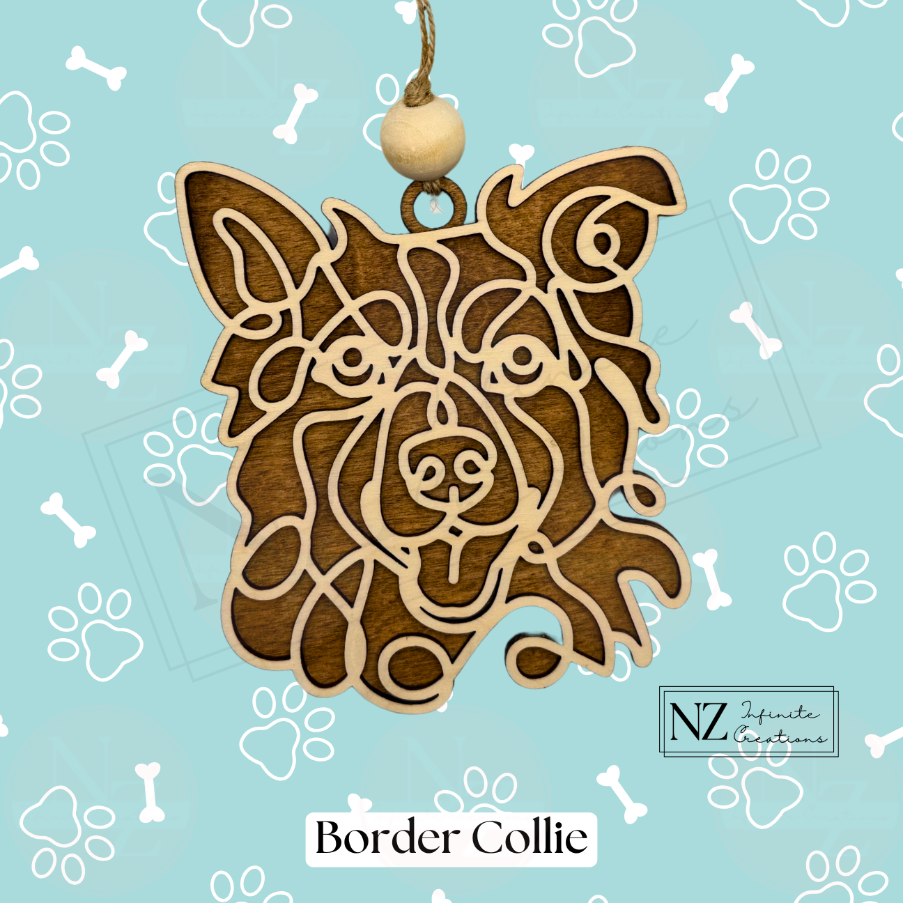 Border Collie Line Art Ornament made from wood with a laser-engraved design. Includes twine and a wooden bead for easy hanging. A perfect gift for Border Collie lovers and a charming addition to holiday decor.