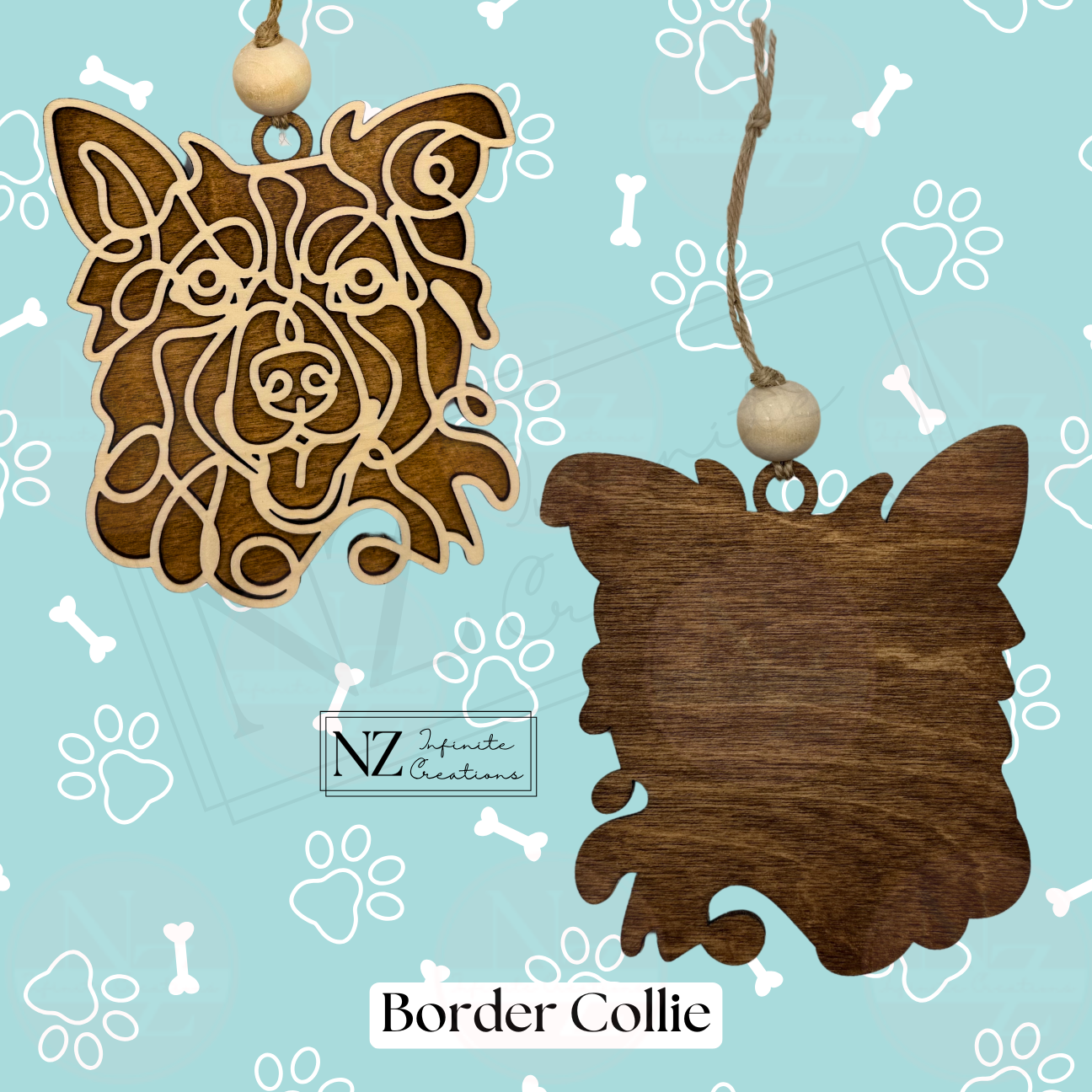 Border Collie Line Art Ornament made from wood with a laser-engraved design. Includes twine and a wooden bead for easy hanging. A perfect gift for Border Collie lovers and a charming addition to holiday decor.