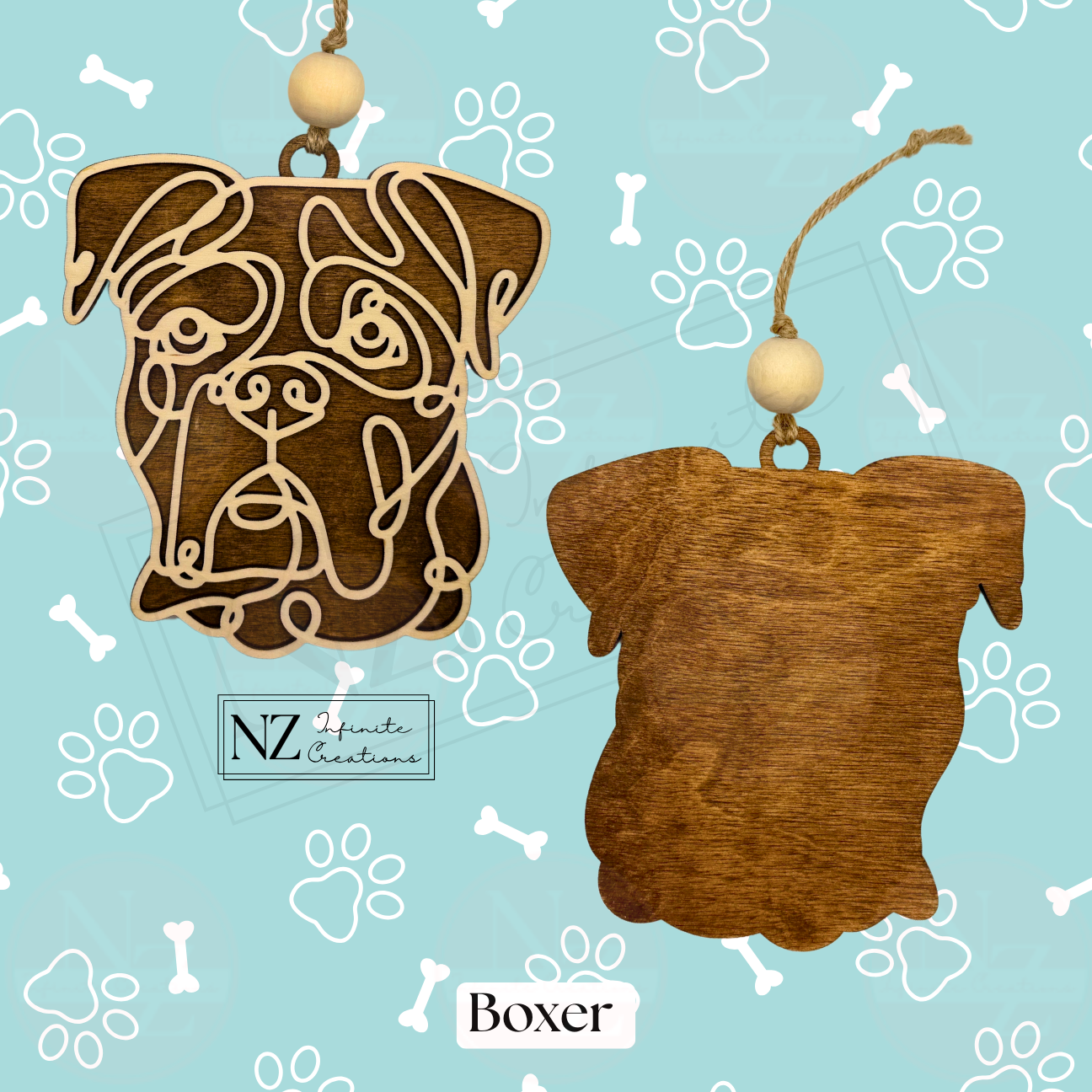 Boxer Dog Line Art Ornament crafted from wood with a sleek laser-engraved design. Includes twine and a wooden bead for hanging. A perfect gift for Boxer dog lovers and a delightful addition to your holiday decor.