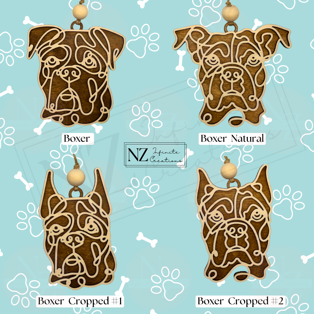 Boxer Dog Line Art Ornament crafted from wood with a sleek laser-engraved design. Includes twine and a wooden bead for hanging. A perfect gift for Boxer dog lovers and a delightful addition to your holiday decor.