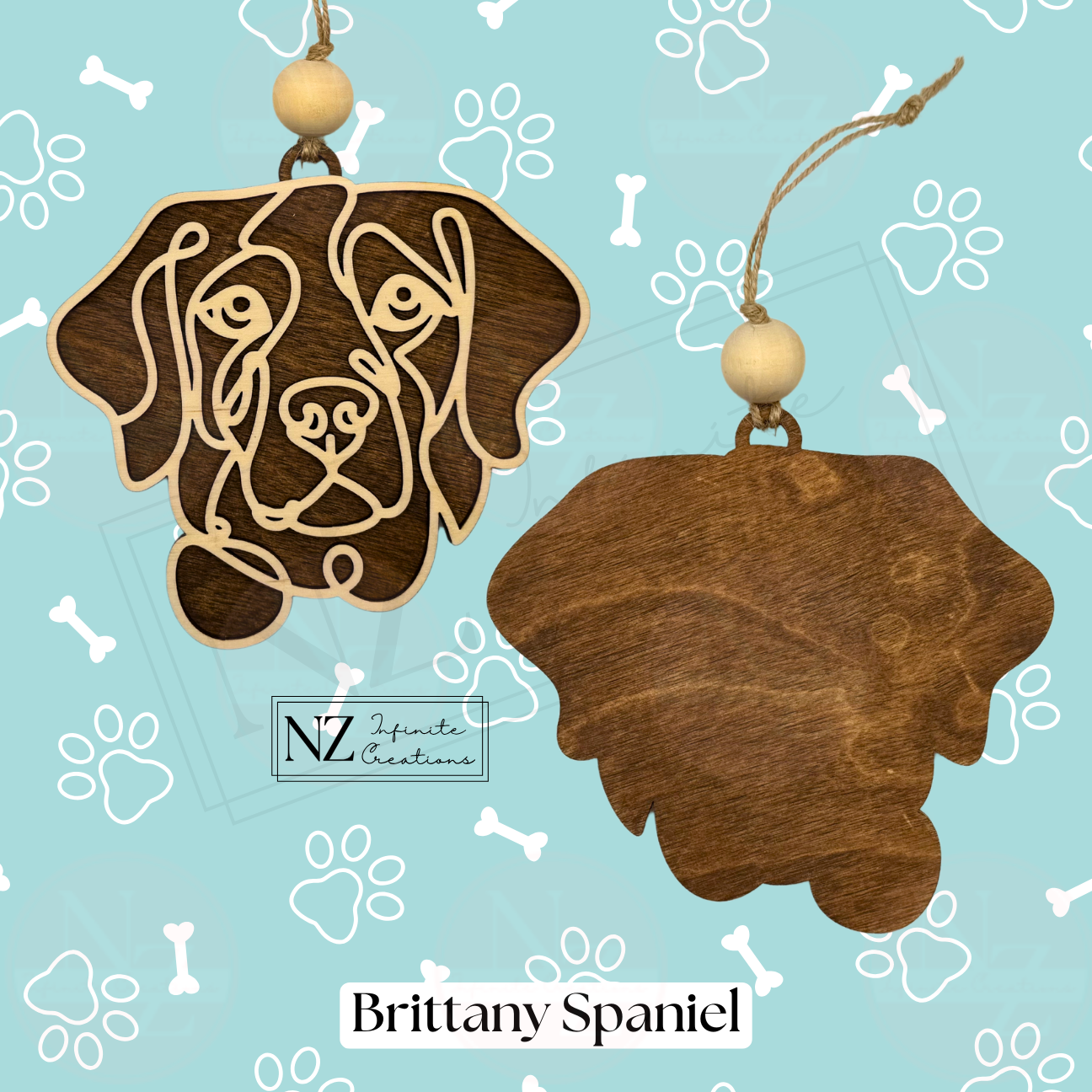 Brittany Spaniel Line Art Ornament made from wood with a laser-engraved design. Includes twine and a wooden bead for hanging. A great gift for Brittany Spaniel lovers and a charming addition to your holiday decor.