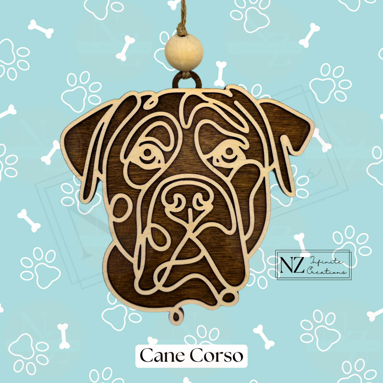 Cane Corso Line Art Ornament crafted from wood with a laser-engraved design. Includes twine and a wooden bead for easy hanging. A wonderful gift for Cane Corso enthusiasts and a striking addition to your holiday decor.