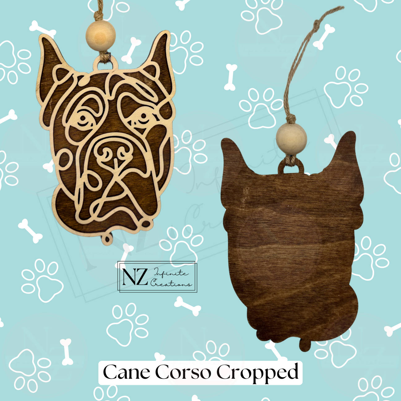 Cane Corso Line Art Ornament crafted from wood with a laser-engraved design. Includes twine and a wooden bead for easy hanging. A wonderful gift for Cane Corso enthusiasts and a striking addition to your holiday decor.