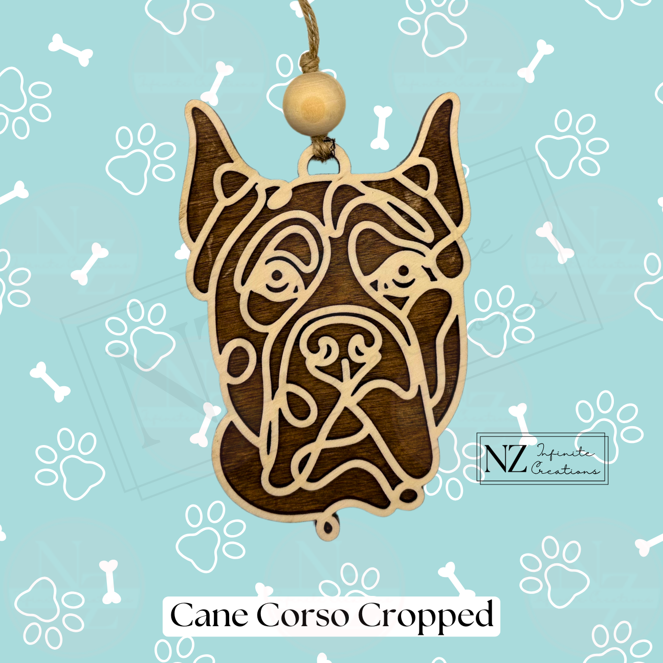 Cane Corso Line Art Ornament crafted from wood with a laser-engraved design. Includes twine and a wooden bead for easy hanging. A wonderful gift for Cane Corso enthusiasts and a striking addition to your holiday decor.