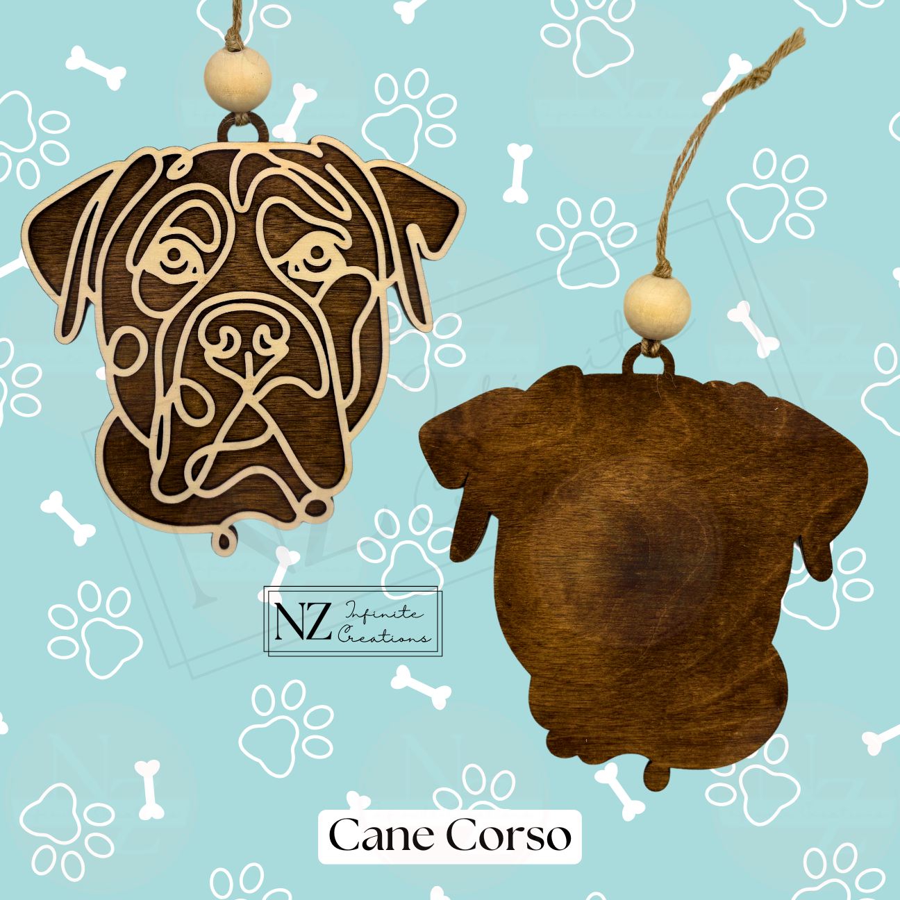 Cane Corso Line Art Ornament crafted from wood with a laser-engraved design. Includes twine and a wooden bead for easy hanging. A wonderful gift for Cane Corso enthusiasts and a striking addition to your holiday decor.