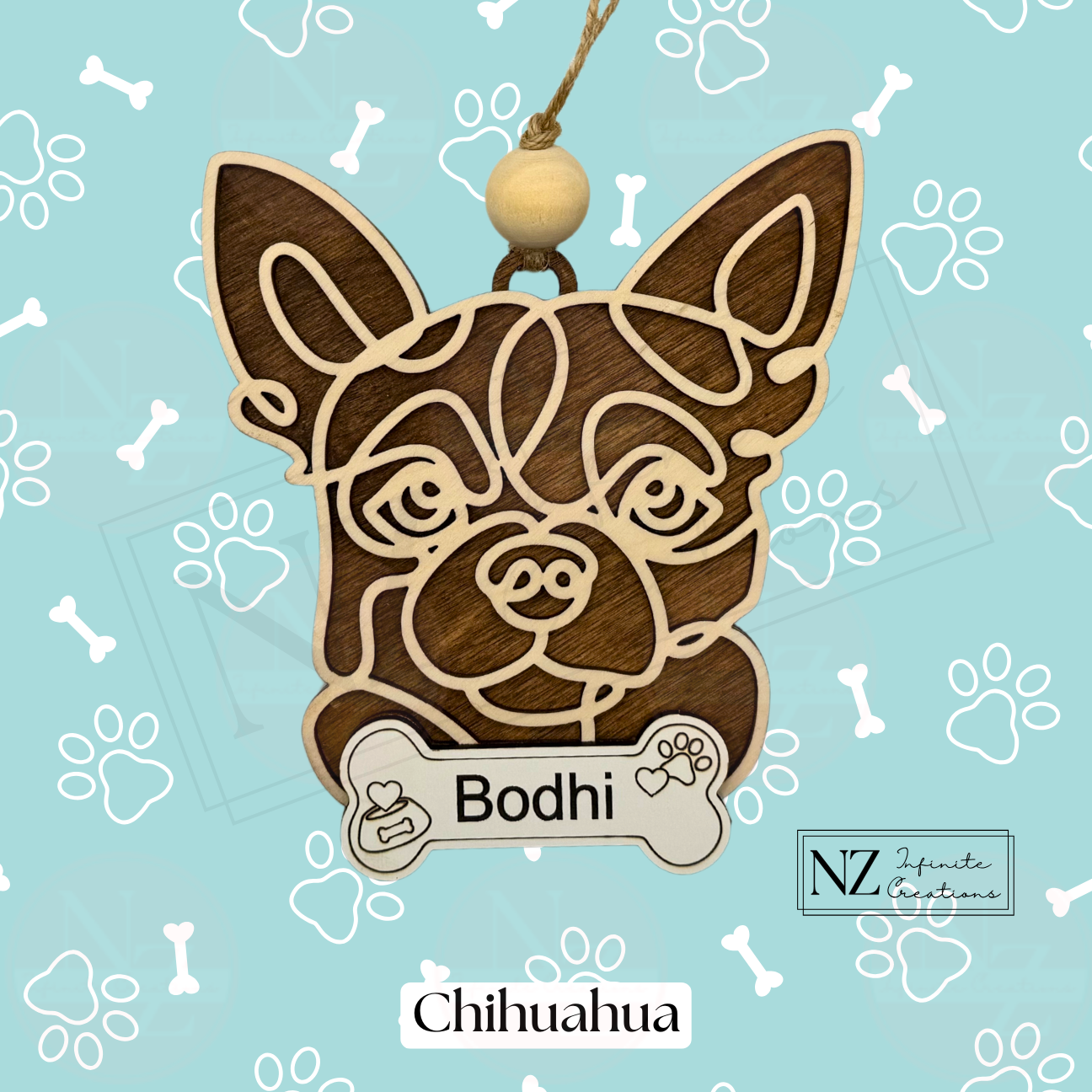 Chihuahua Dog Line Art Ornament crafted from wood with a laser-engraved design. Includes twine and a wooden bead for easy hanging. A delightful gift for Chihuahua lovers and a charming addition to holiday decor.