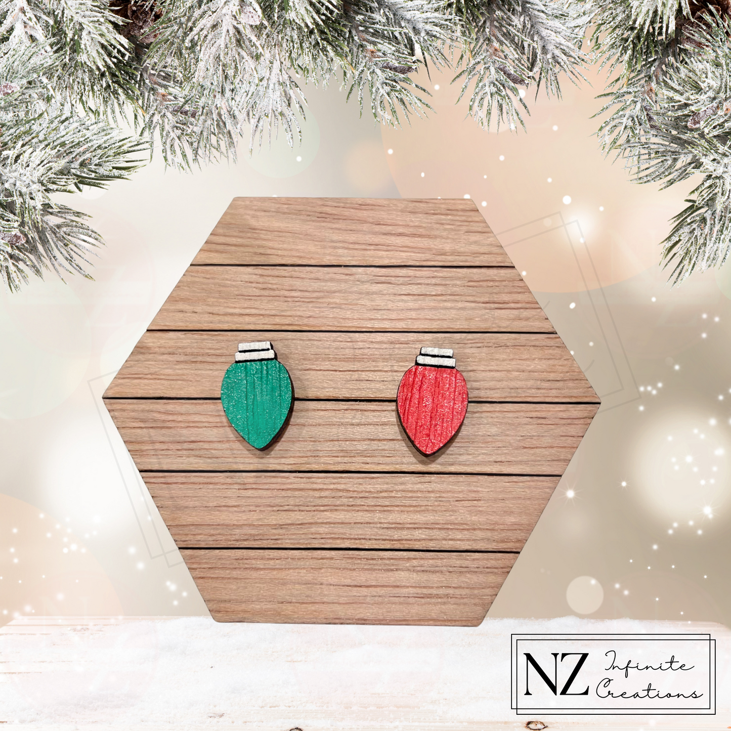 Twinkling Christmas Lights - Wood Stud Earrings