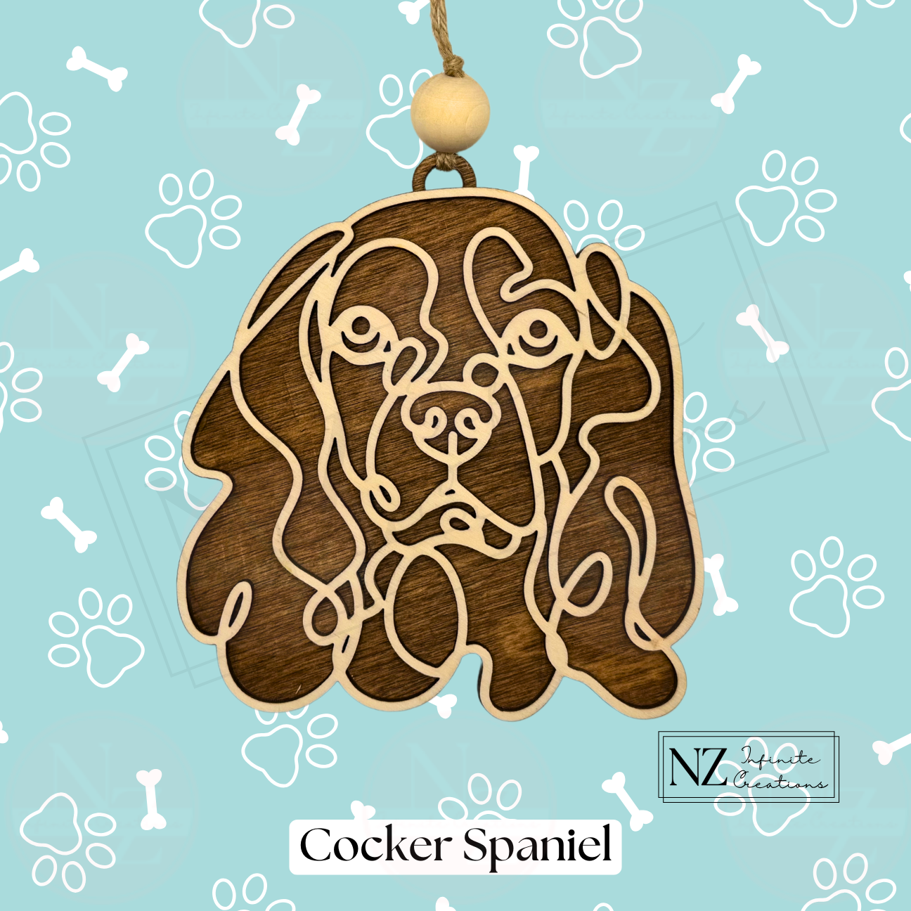 Cocker Spaniel Line Art Ornament made from wood with a detailed laser-engraved design. Includes twine and a wooden bead for hanging. Perfect for Cocker Spaniel lovers, this ornament adds charm to Christmas decor or makes a thoughtful dog-themed gift.