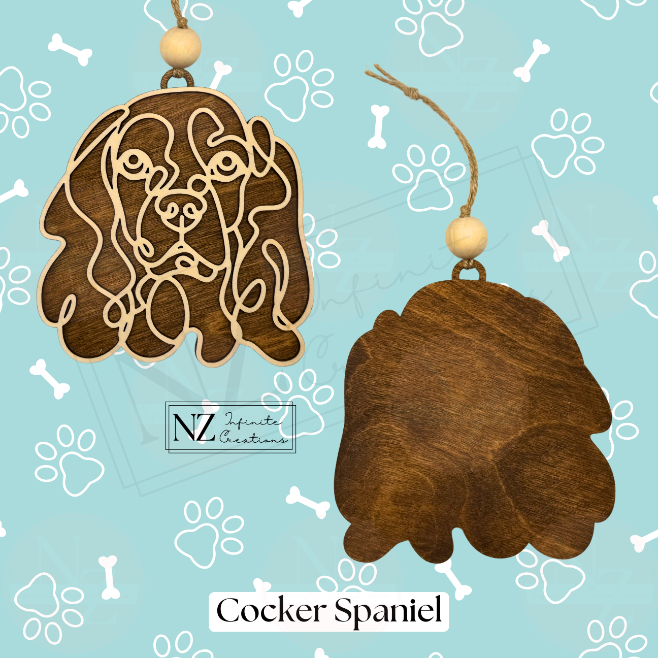 Cocker Spaniel Line Art Ornament made from wood with a detailed laser-engraved design. Includes twine and a wooden bead for hanging. Perfect for Cocker Spaniel lovers, this ornament adds charm to Christmas decor or makes a thoughtful dog-themed gift.