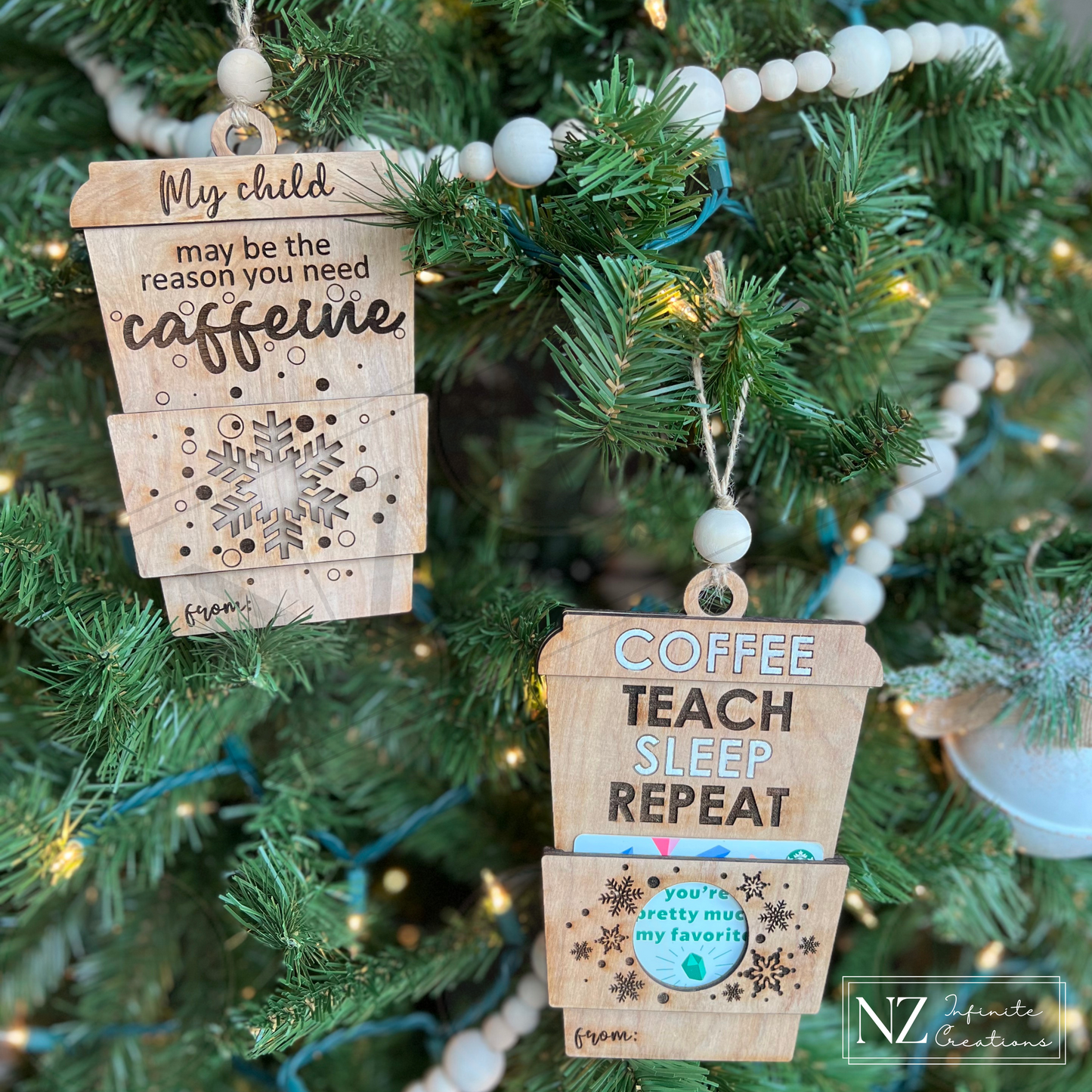 “My child may be the reason you need caffeine.” Coffee Cup - Gift Card Holder Ornament