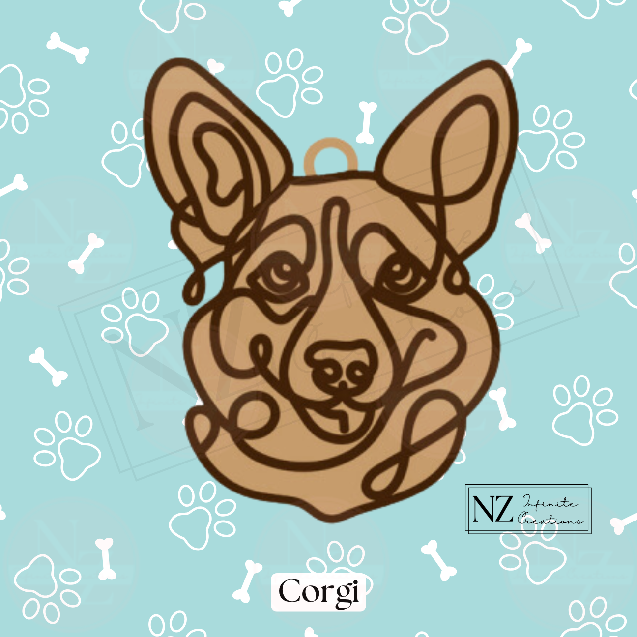 Corgi Line Art Ornament crafted from wood with a laser-engraved design. Includes twine and a wooden bead for easy hanging. A perfect gift for Corgi lovers and a charming addition to holiday or dog-themed decor.