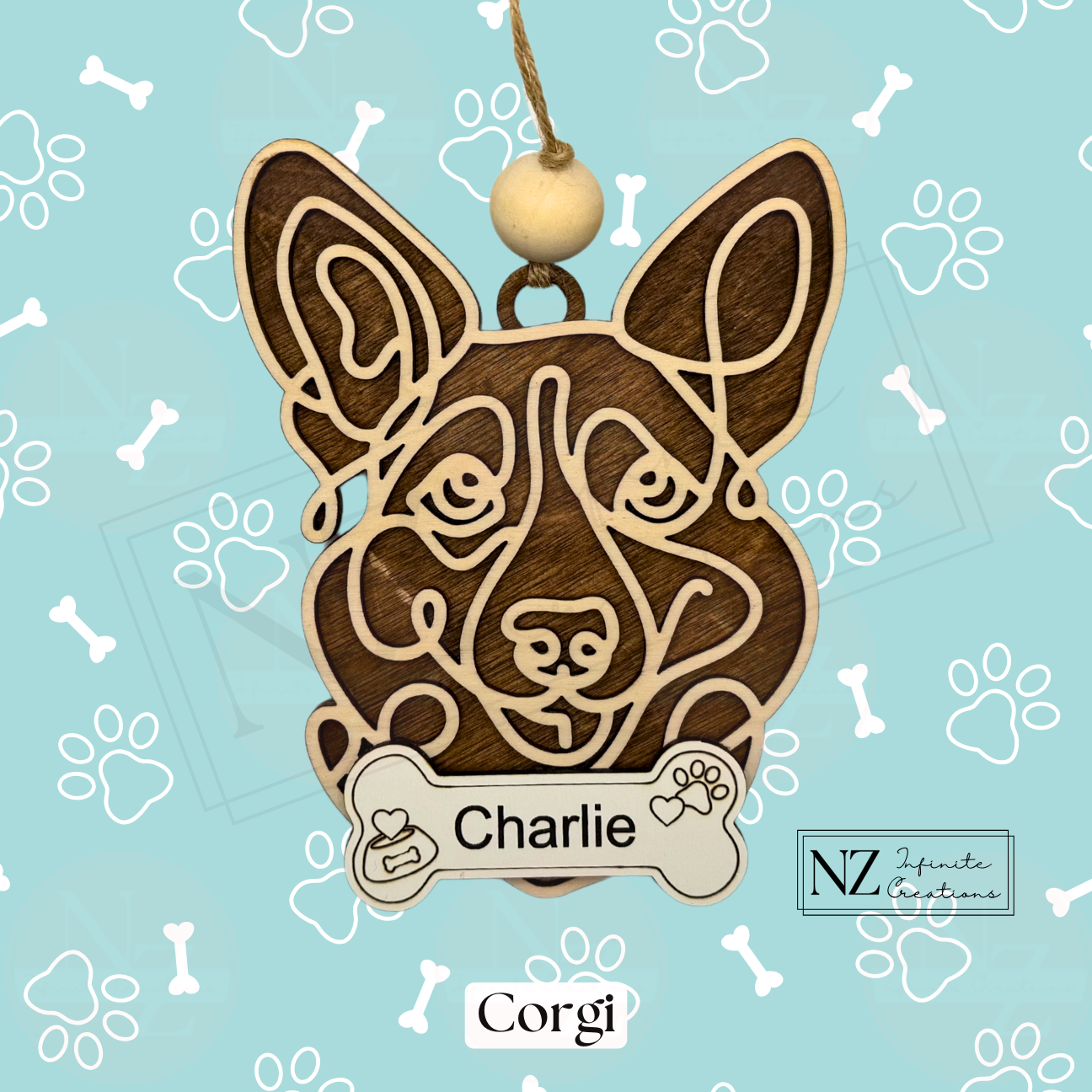 Corgi Line Art Ornament crafted from wood with a laser-engraved design. Includes twine and a wooden bead for easy hanging. A perfect gift for Corgi lovers and a charming addition to holiday or dog-themed decor.