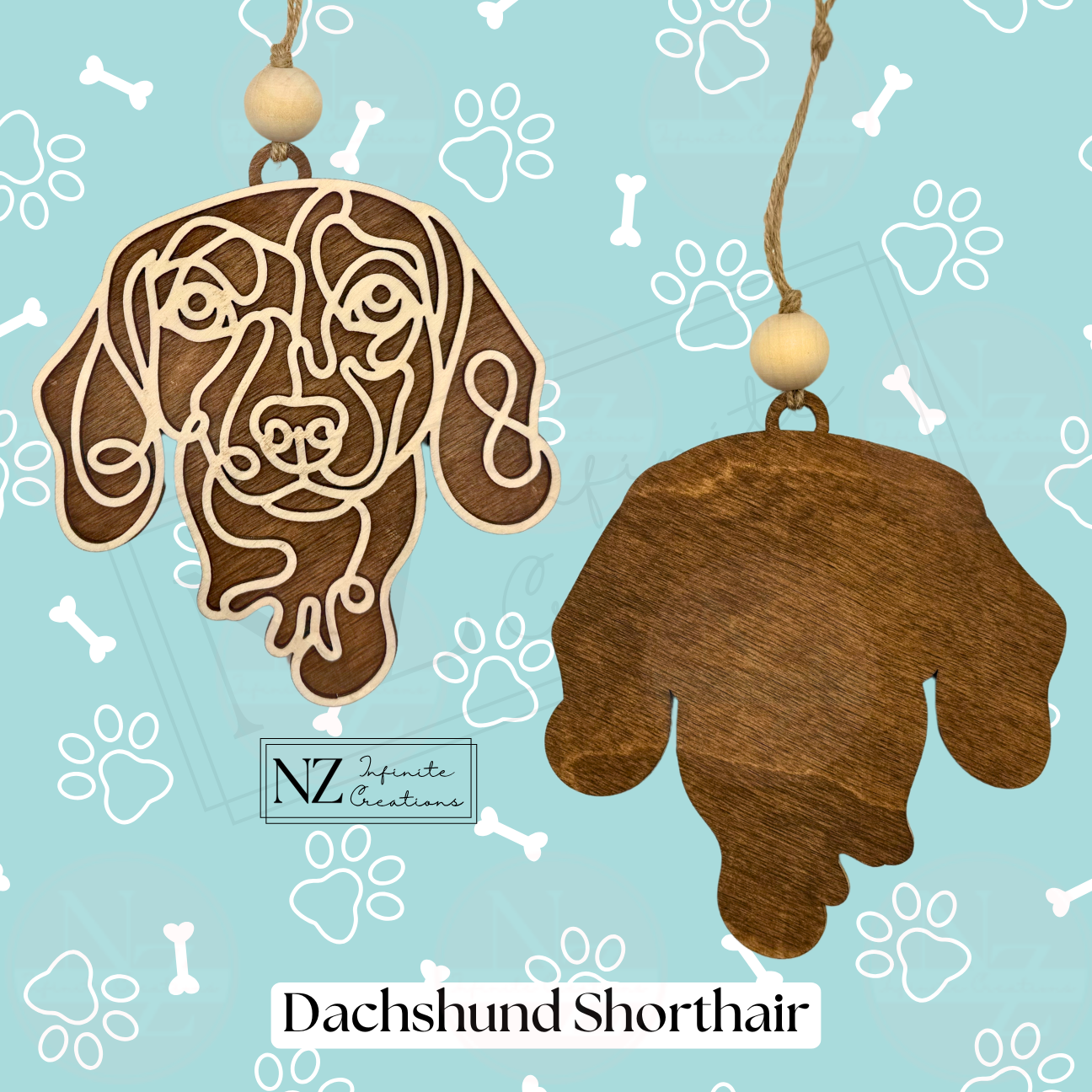 Dachshund Shorthair Line Art Ornament crafted from wood with a laser-engraved design. Includes twine and a wooden bead for easy hanging. A delightful gift for Dachshund Shorthair lovers and a charming addition to holiday or dog-themed decor.