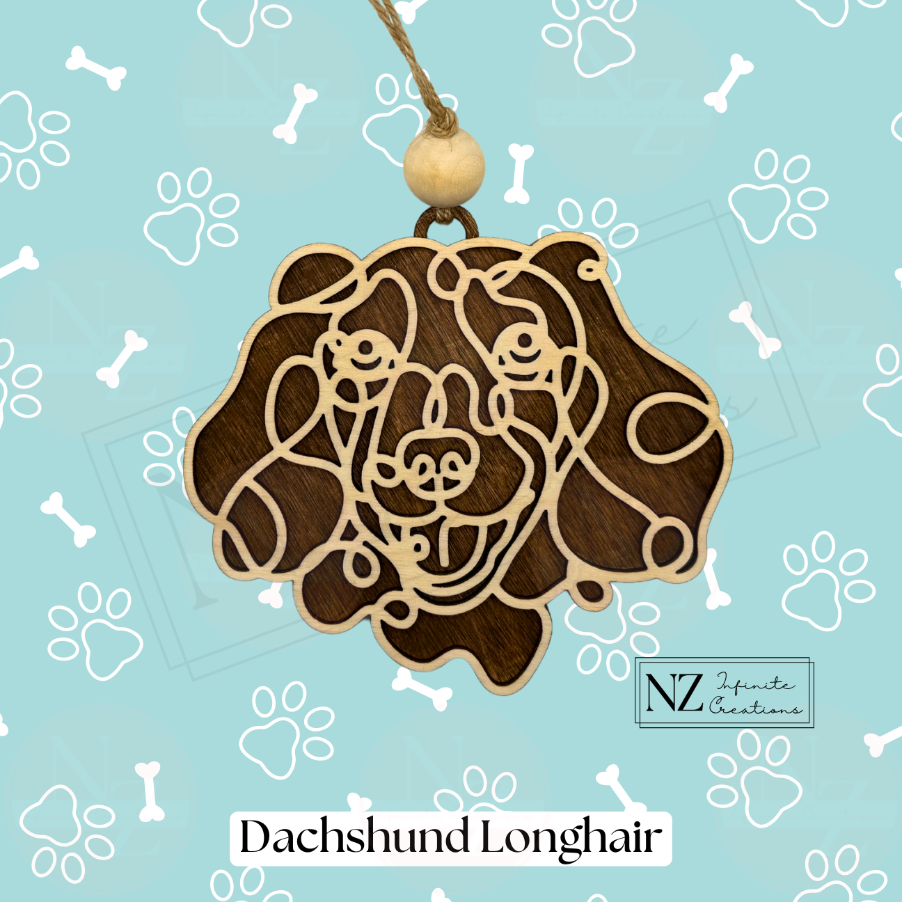 Dachshund Longhair Line Art Ornament made from wood with a laser-engraved design. Includes twine and a wooden bead for easy hanging. A perfect gift for Dachshund Longhair enthusiasts and a charming addition to your holiday or dog-themed decor.