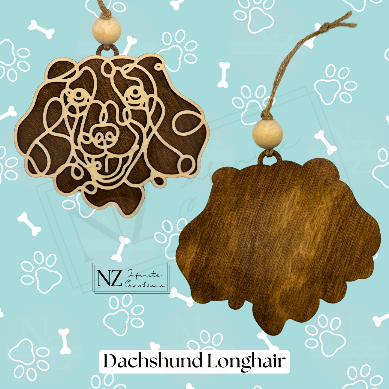 Dachshund Longhair Line Art Ornament made from wood with a laser-engraved design. Includes twine and a wooden bead for easy hanging. A perfect gift for Dachshund Longhair enthusiasts and a charming addition to your holiday or dog-themed decor.