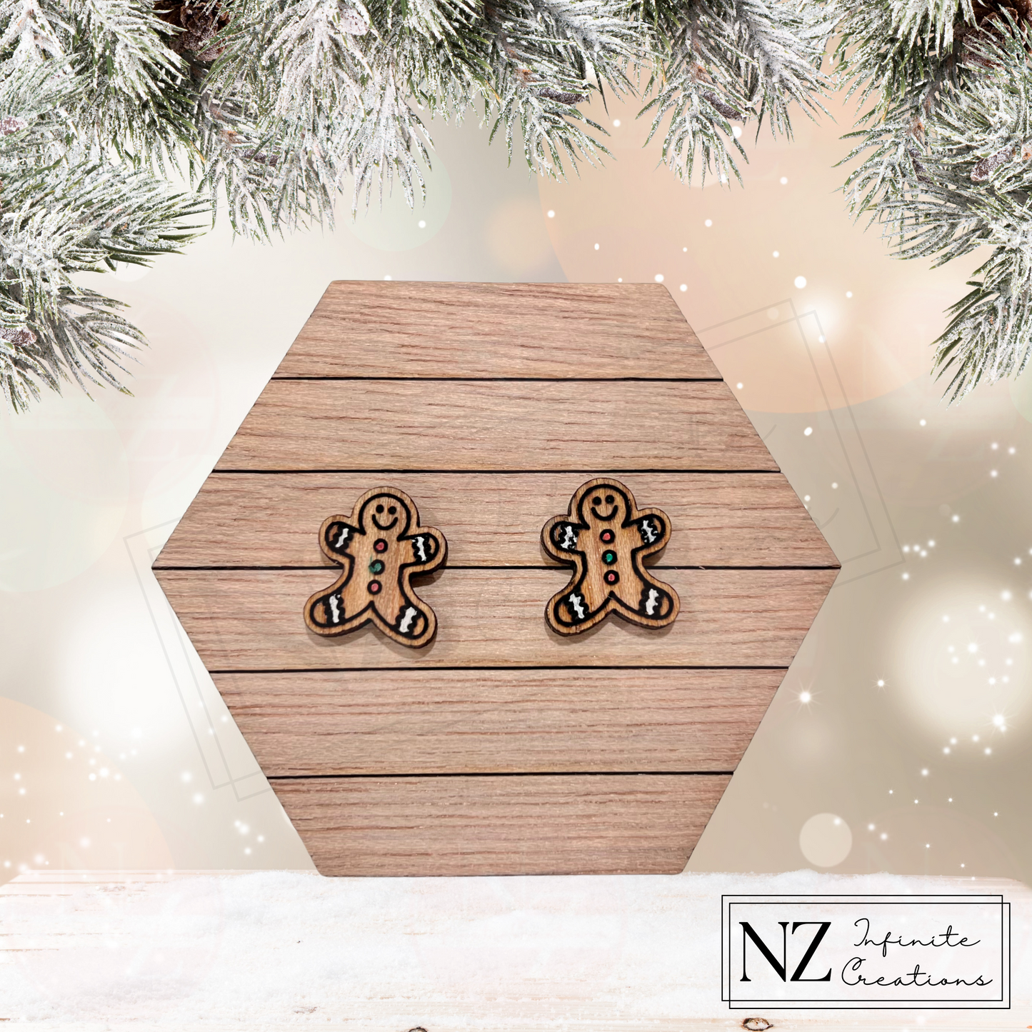 Sweet Gingerbread Joy Christmas - Wood Stud Earrings