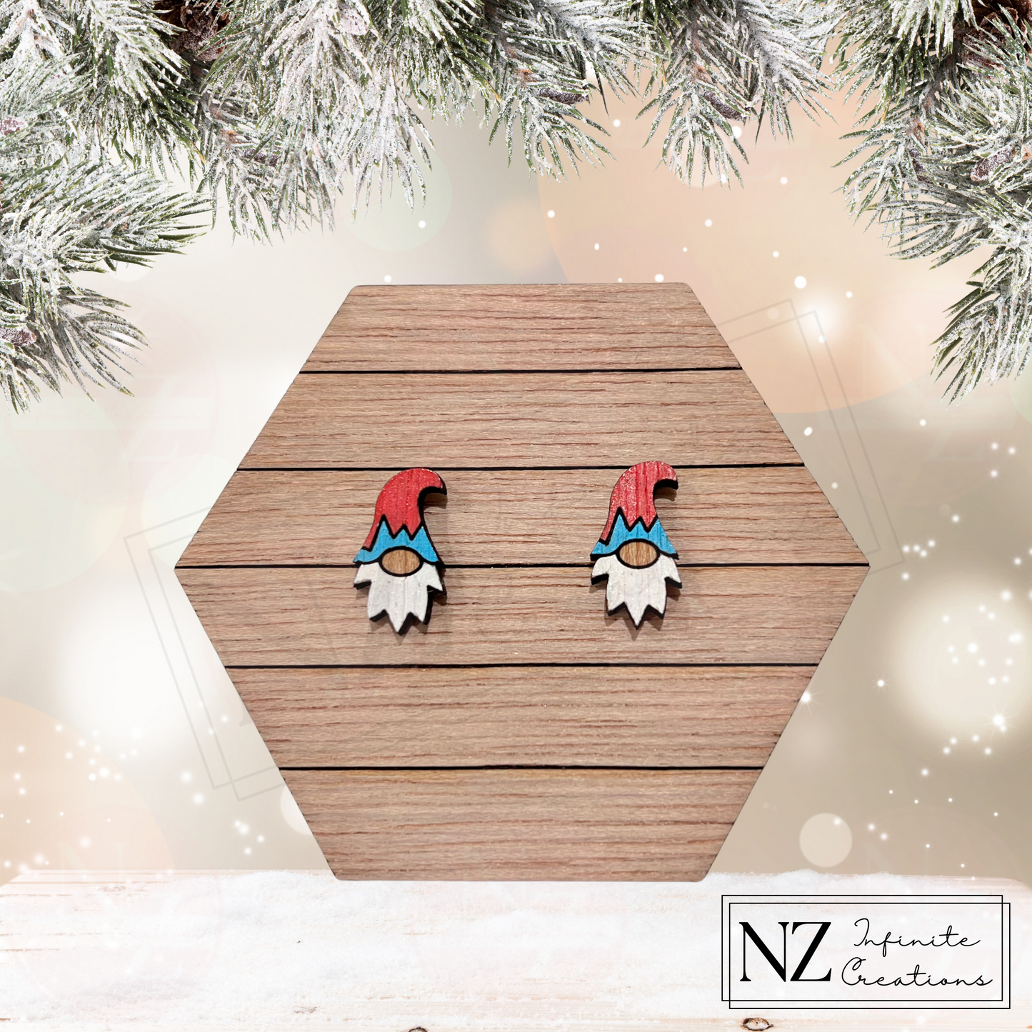 Whimsical Gnome Christmas - Wood Stud Earrings