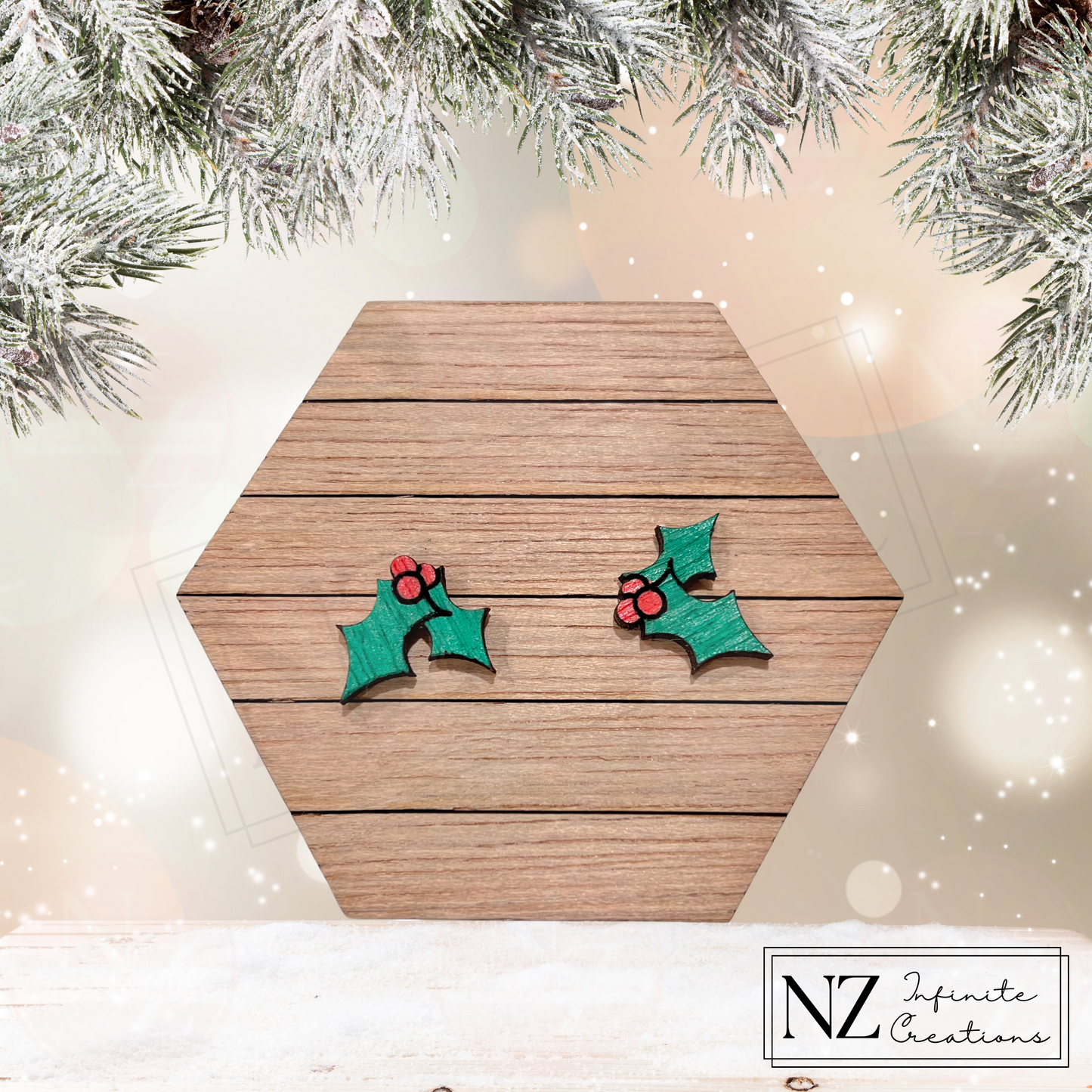 Elegant Holly Christmas - Wood Stud Earrings