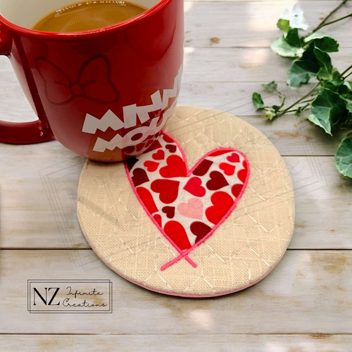 Handmade Heart Mug Rug - 5" Round Cotton Coaster with Heart Appliqué Design