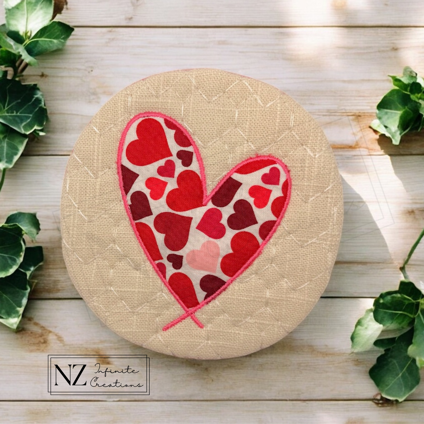 Handmade Heart Mug Rug - 5" Round Cotton Coaster with Heart Appliqué Design