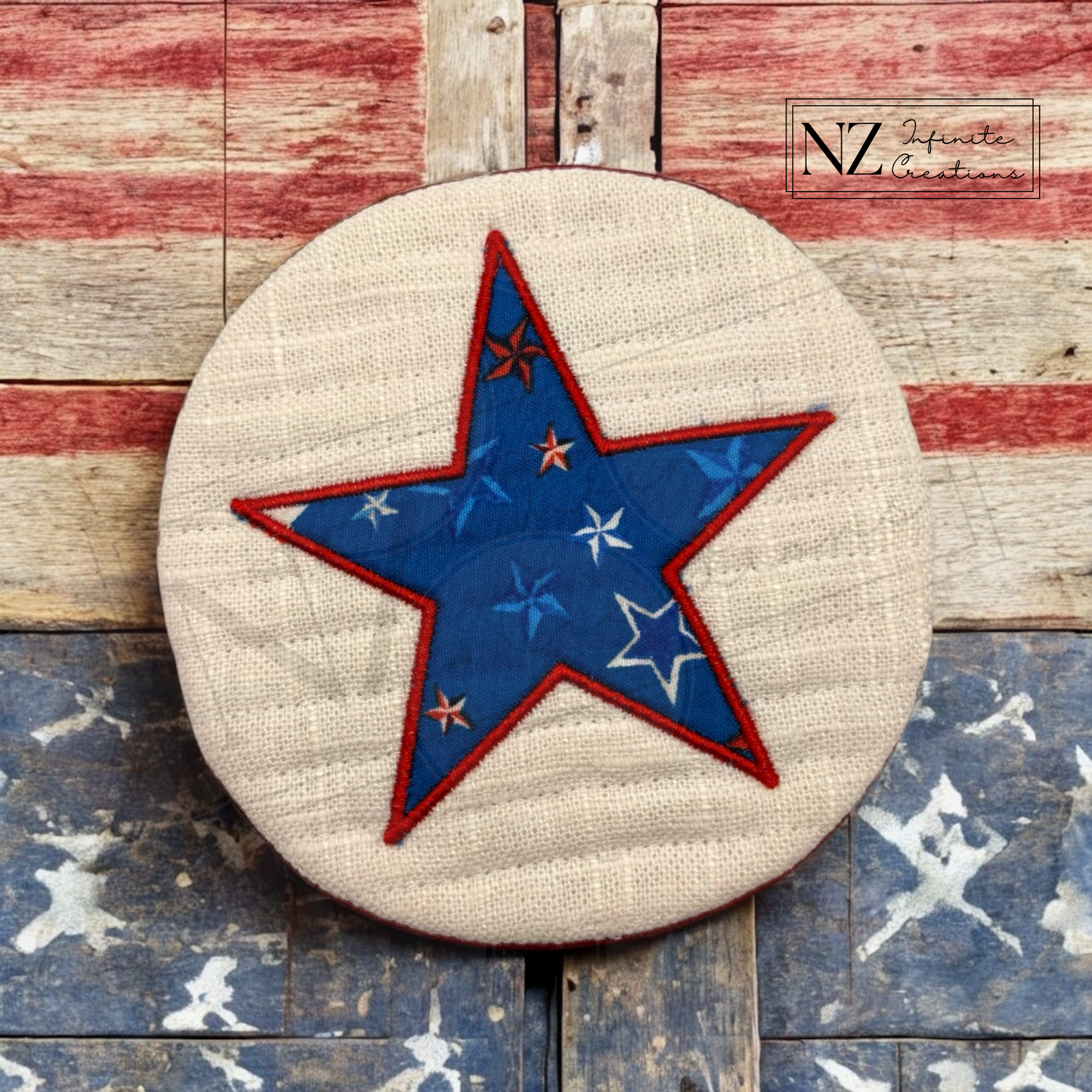 Patriotic Star Mug Rug – Handmade Fabric Coaster – 4th of July Table Decor