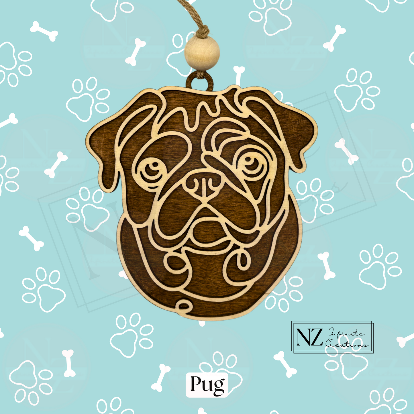 Pug Dog Line Art Christmas Ornament