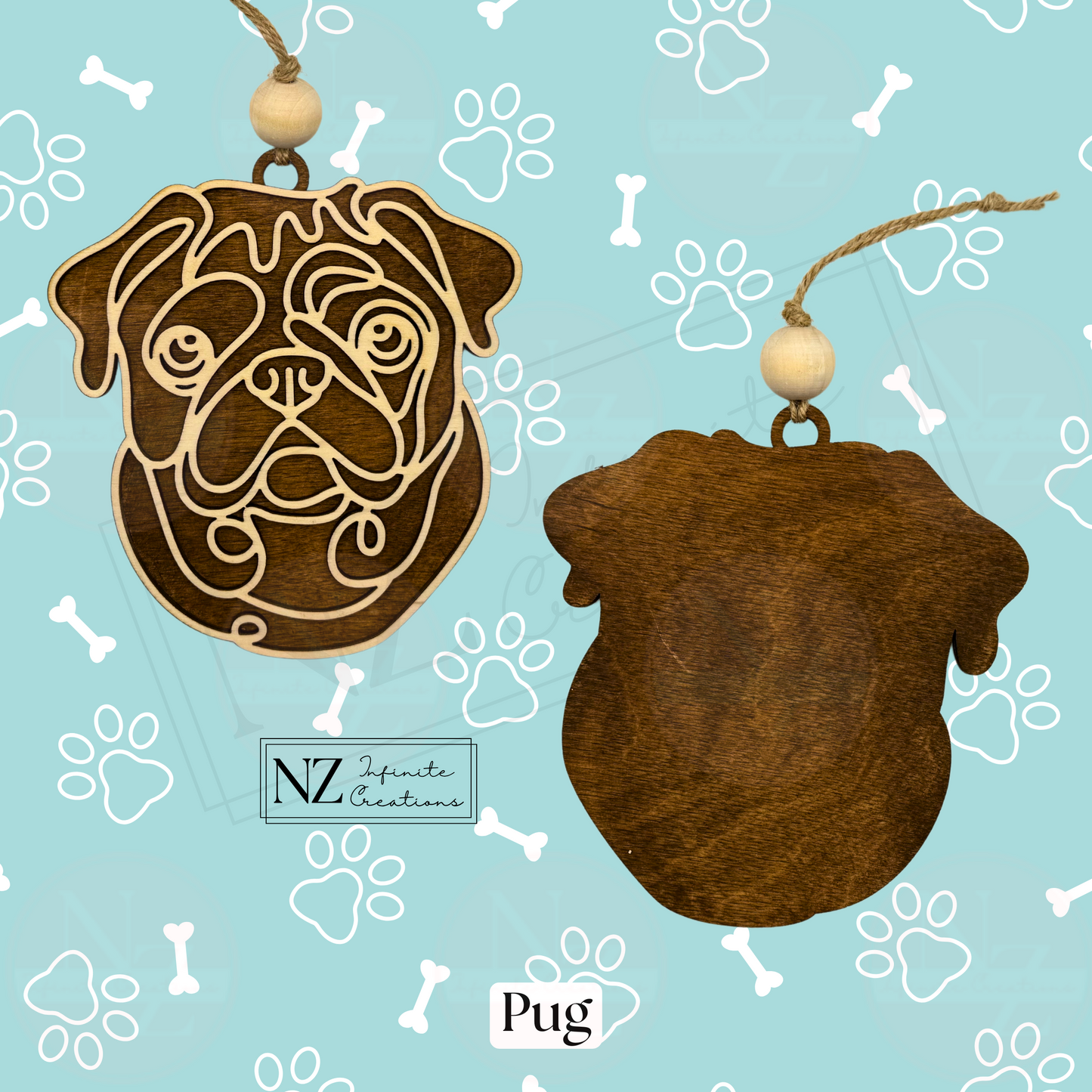 Pug Dog Line Art Christmas Ornament