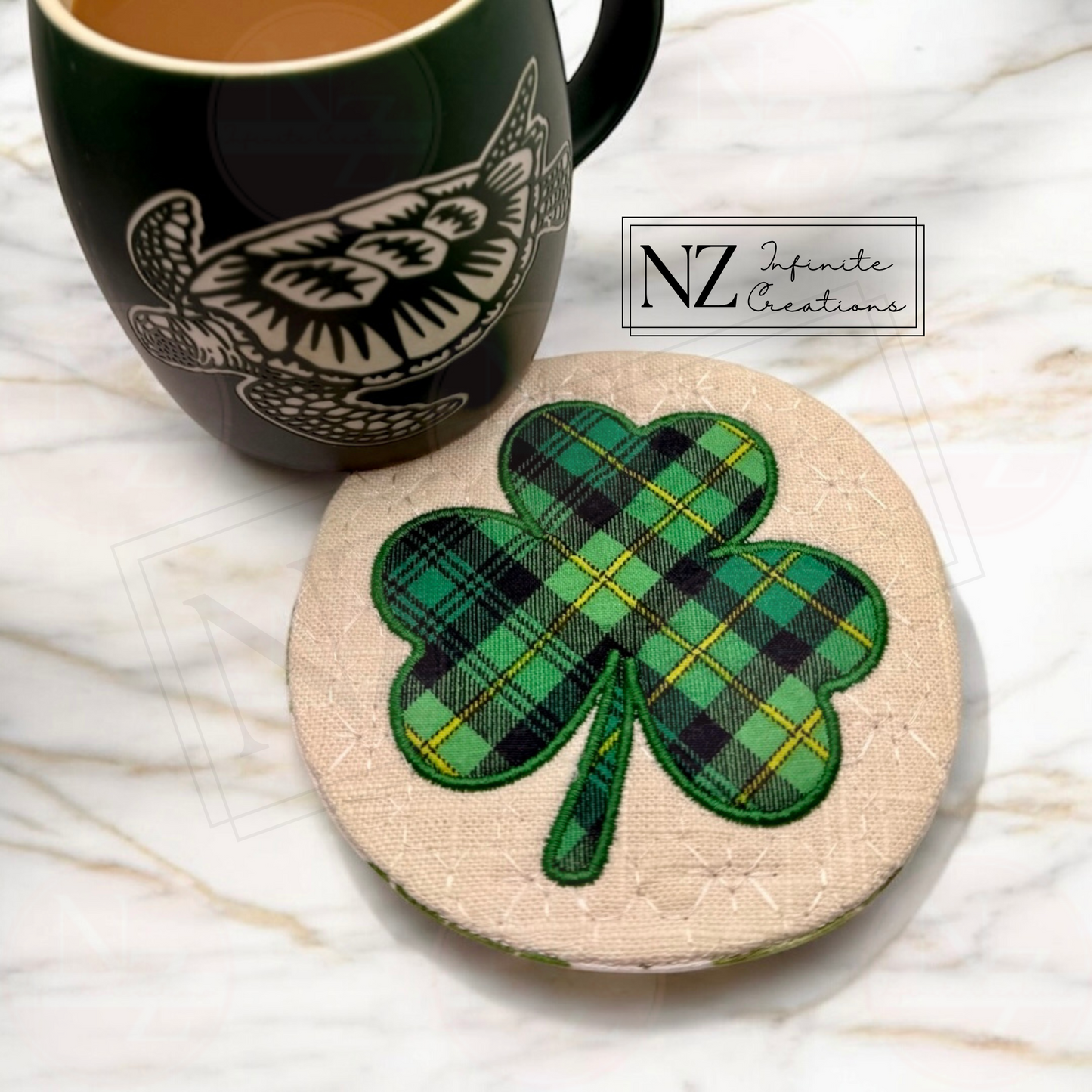 Handmade Shamrock Mug Rug - 5" Round Cotton Coaster with Shamrock Appliqué Design | St. Patrick's Day Decor