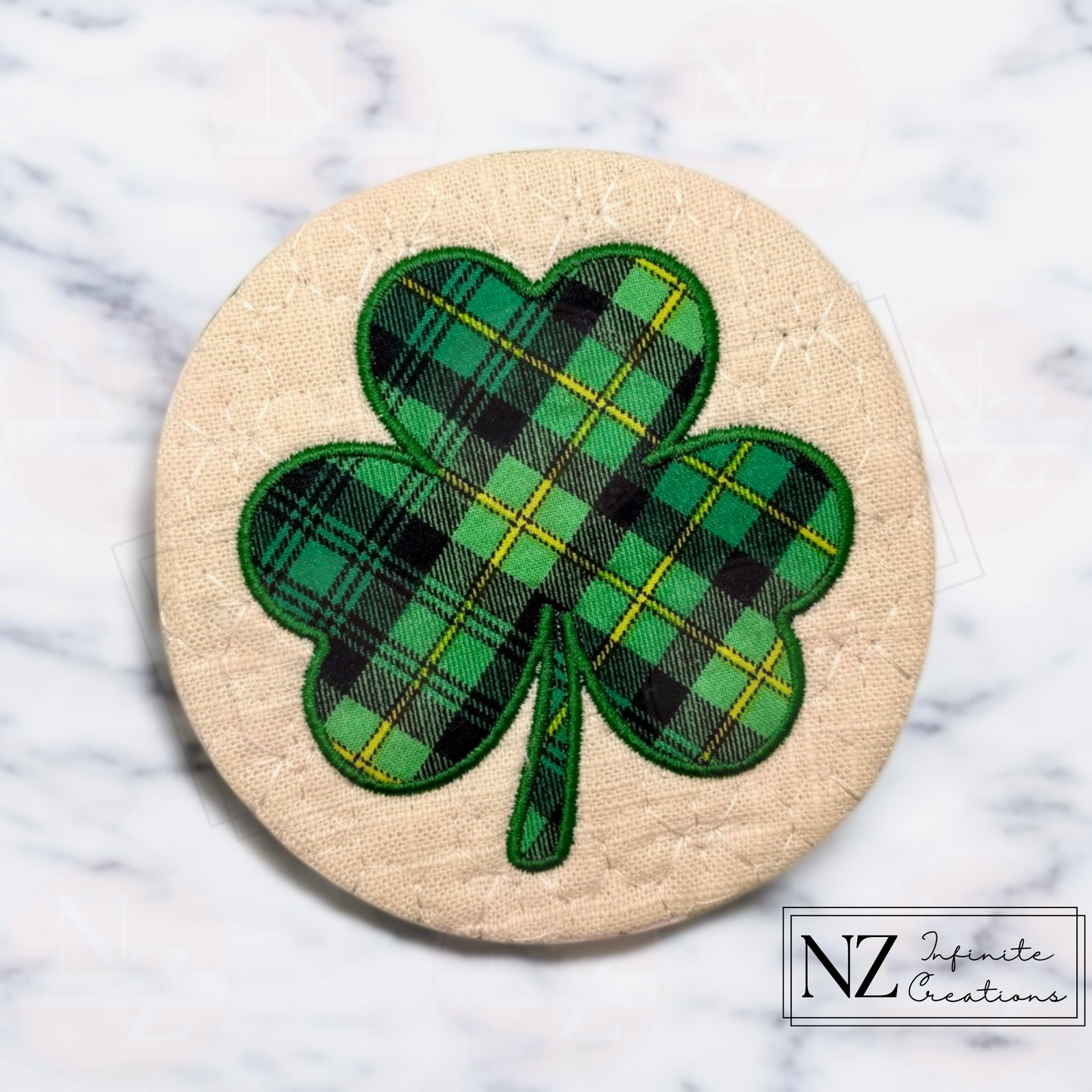 Handmade Shamrock Mug Rug - 5" Round Cotton Coaster with Shamrock Appliqué Design | St. Patrick's Day Decor